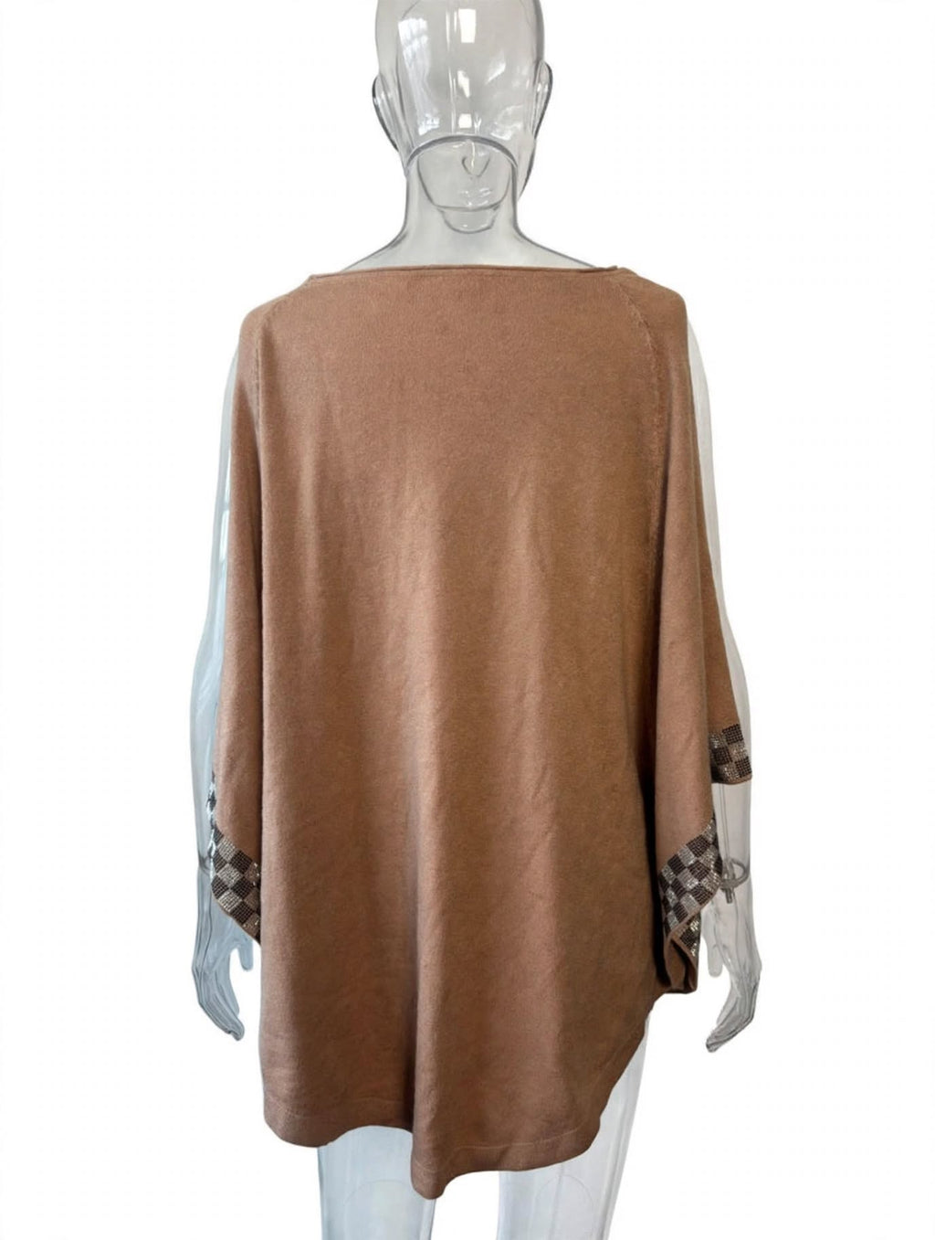M&V Camel Brown Poncho Top with Rhinestone Check Trim – S/M