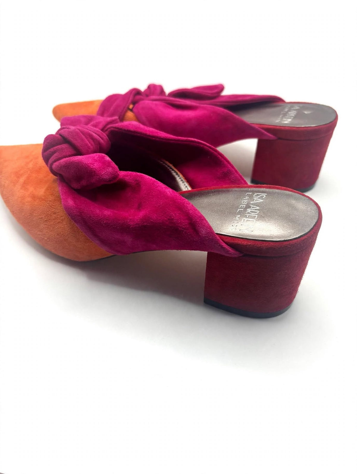 Isa Arfen Suede Colourblock Bow Mules – Orange & Pink – Size 3