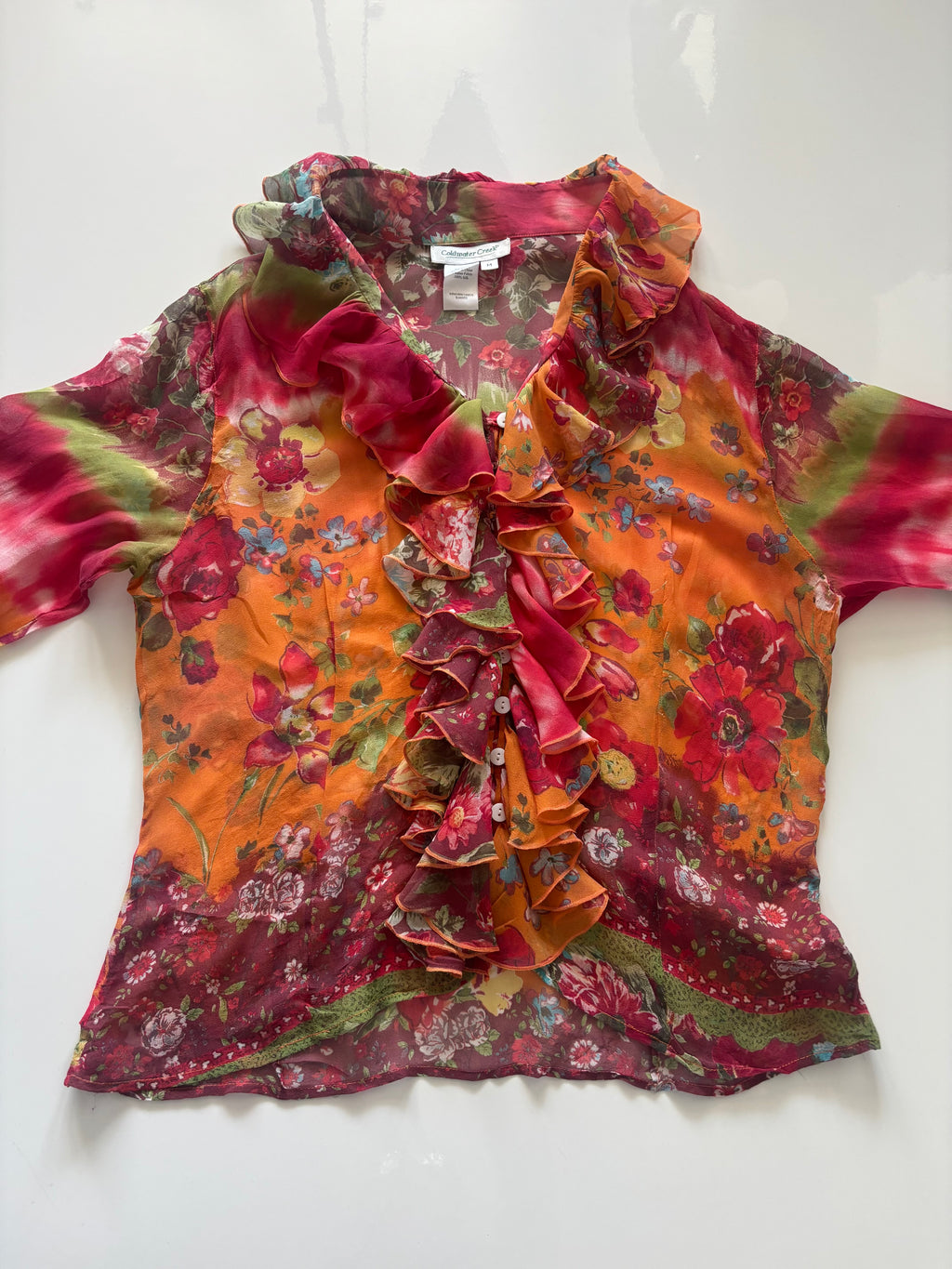 Coldwater Creek 100% Silk Floral Ruffle Blouse – Size M