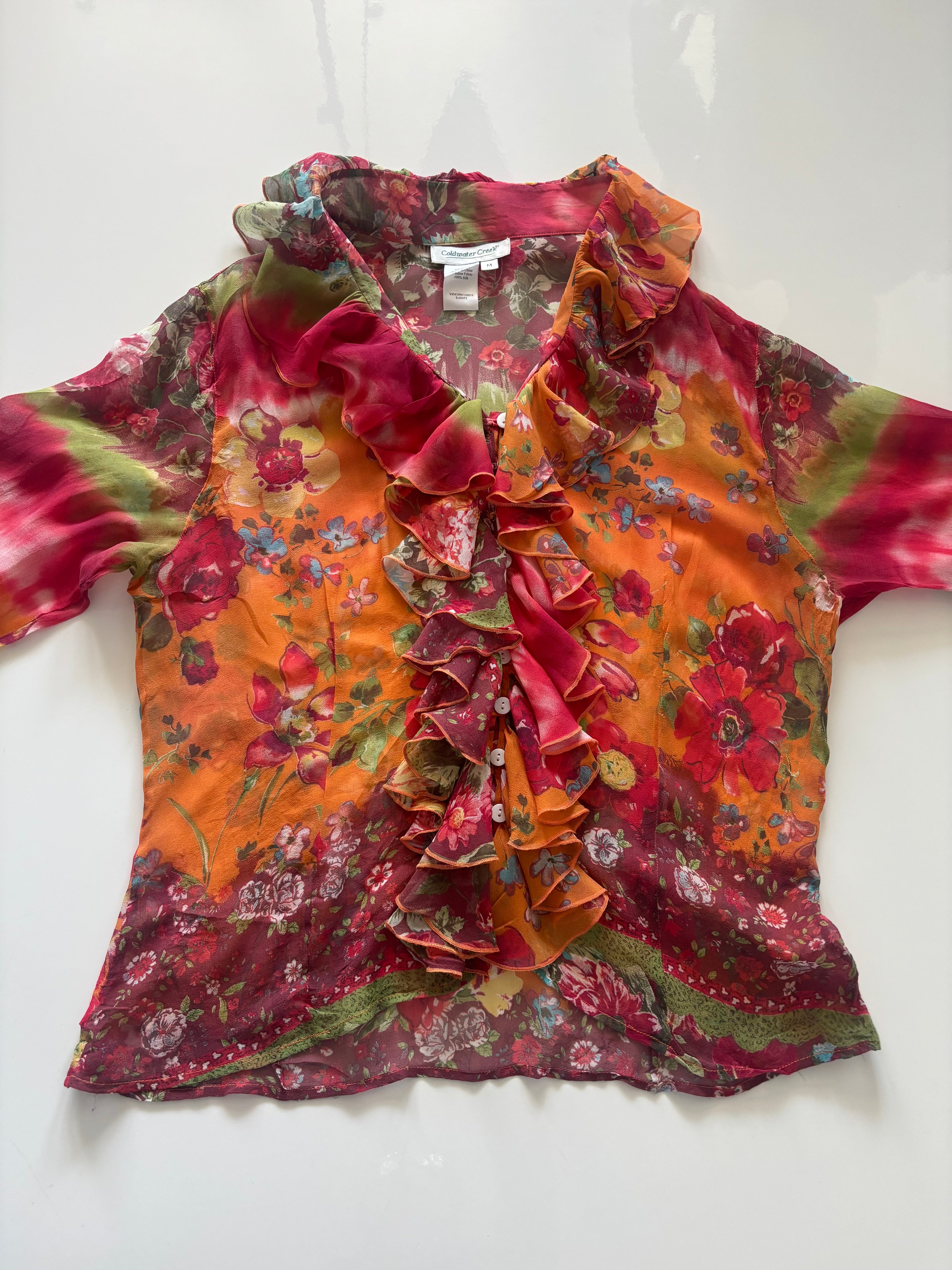 Coldwater Creek 100% Silk Floral Ruffle Blouse – Size M