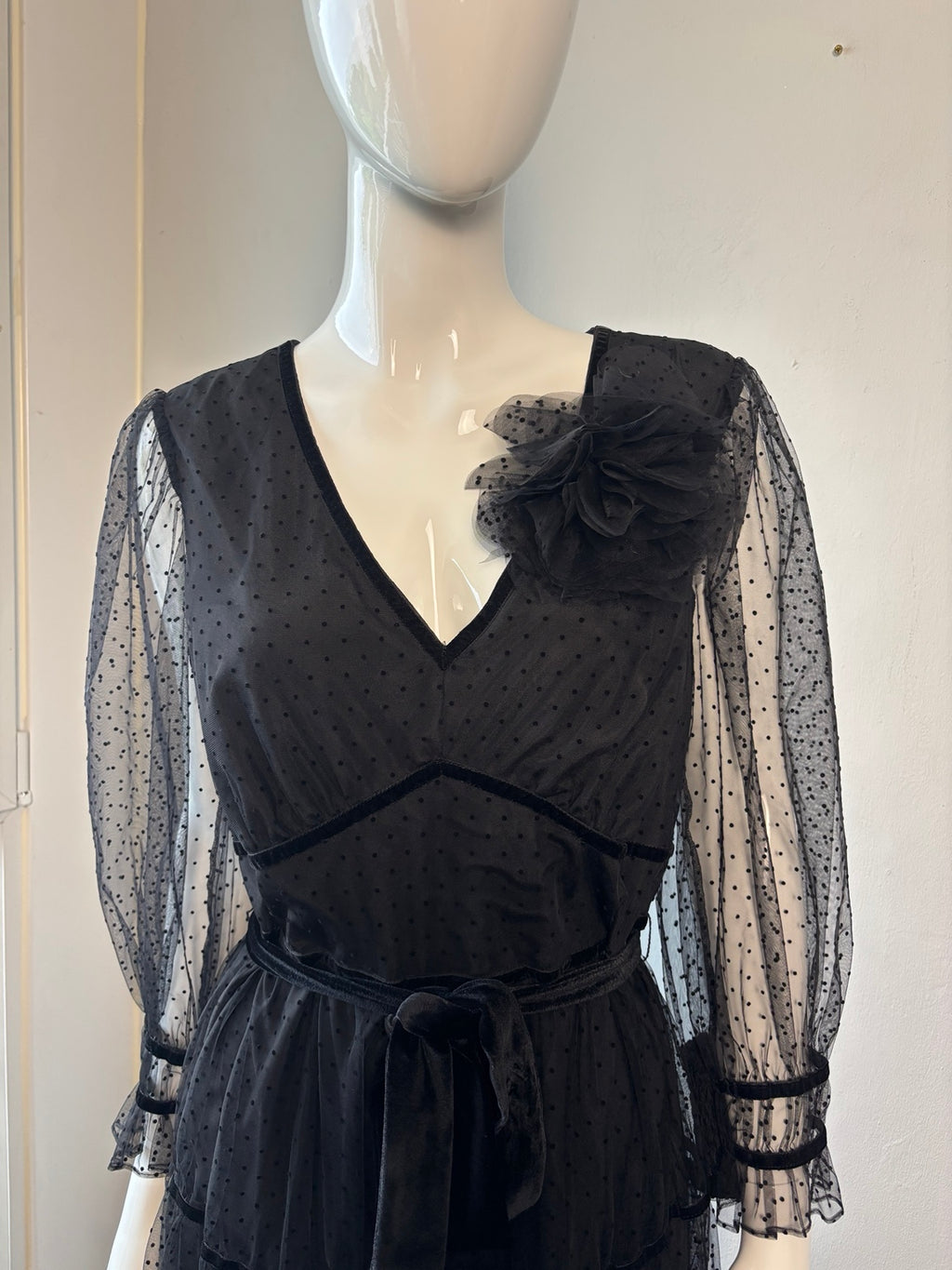 Monsoon Flocked Tulle Tiered Maxi Dress – Black | UK 14