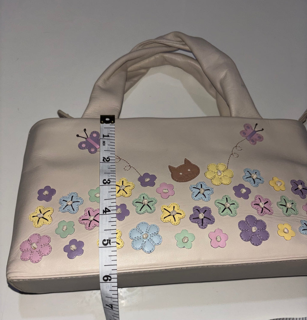 Ciccia Cream Leather Floral Appliqué Handbag – Cat & Butterfly Detail