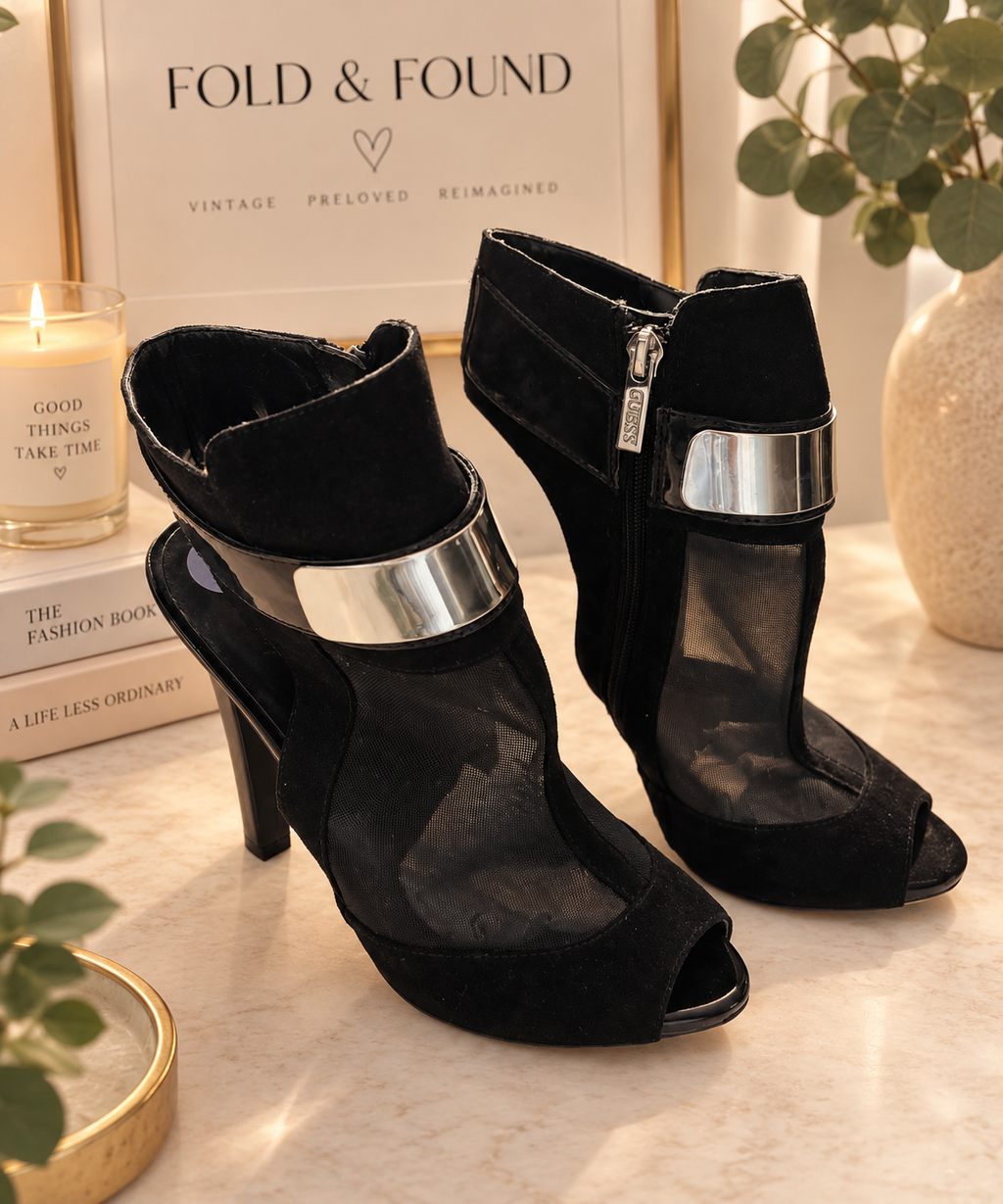 GUESS Black Mesh & Suede-Effect Peep Toe Heels – Silver Detail | UK 6