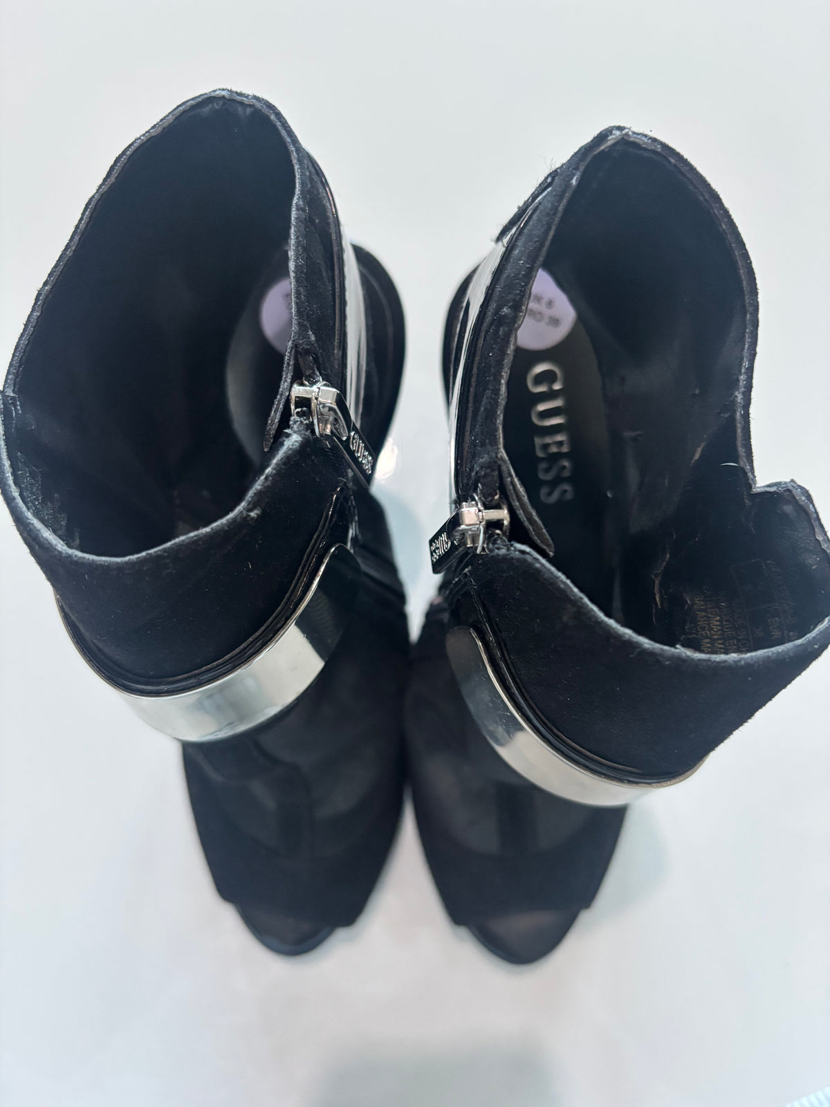 GUESS Black Mesh & Suede-Effect Peep Toe Heels – Silver Detail | UK 6