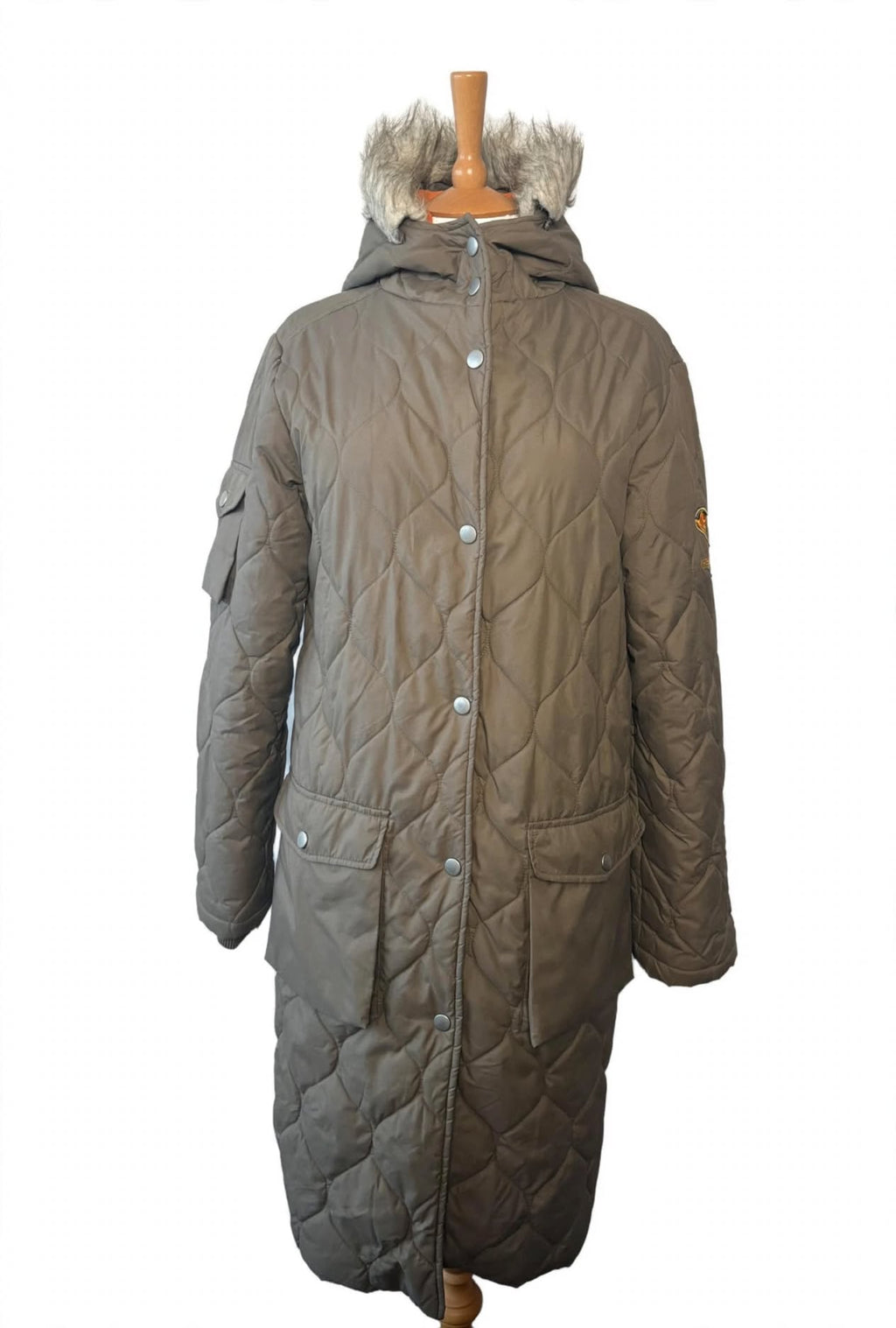 Fluid Khaki Quilted Longline Winter Coat with Faux Fur Hood – Size M