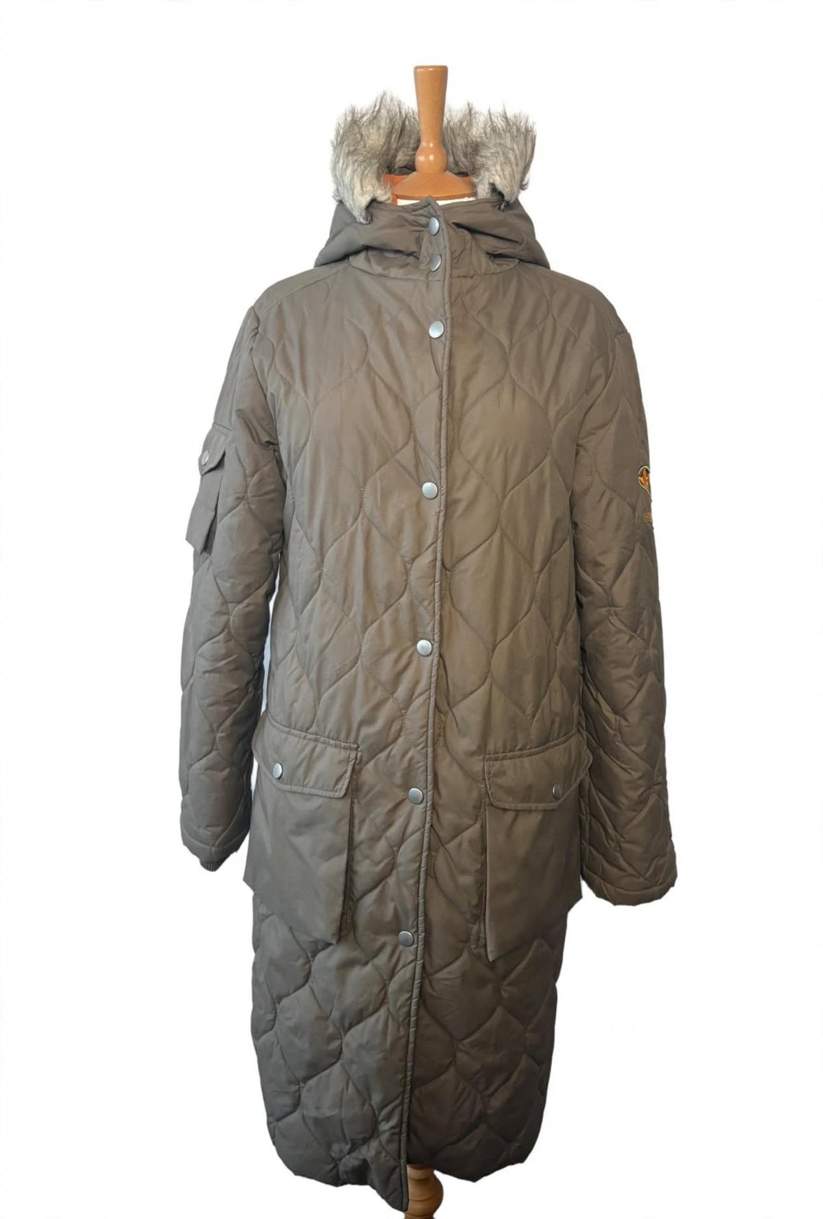 Fluid Khaki Quilted Longline Winter Coat with Faux Fur Hood – Size M