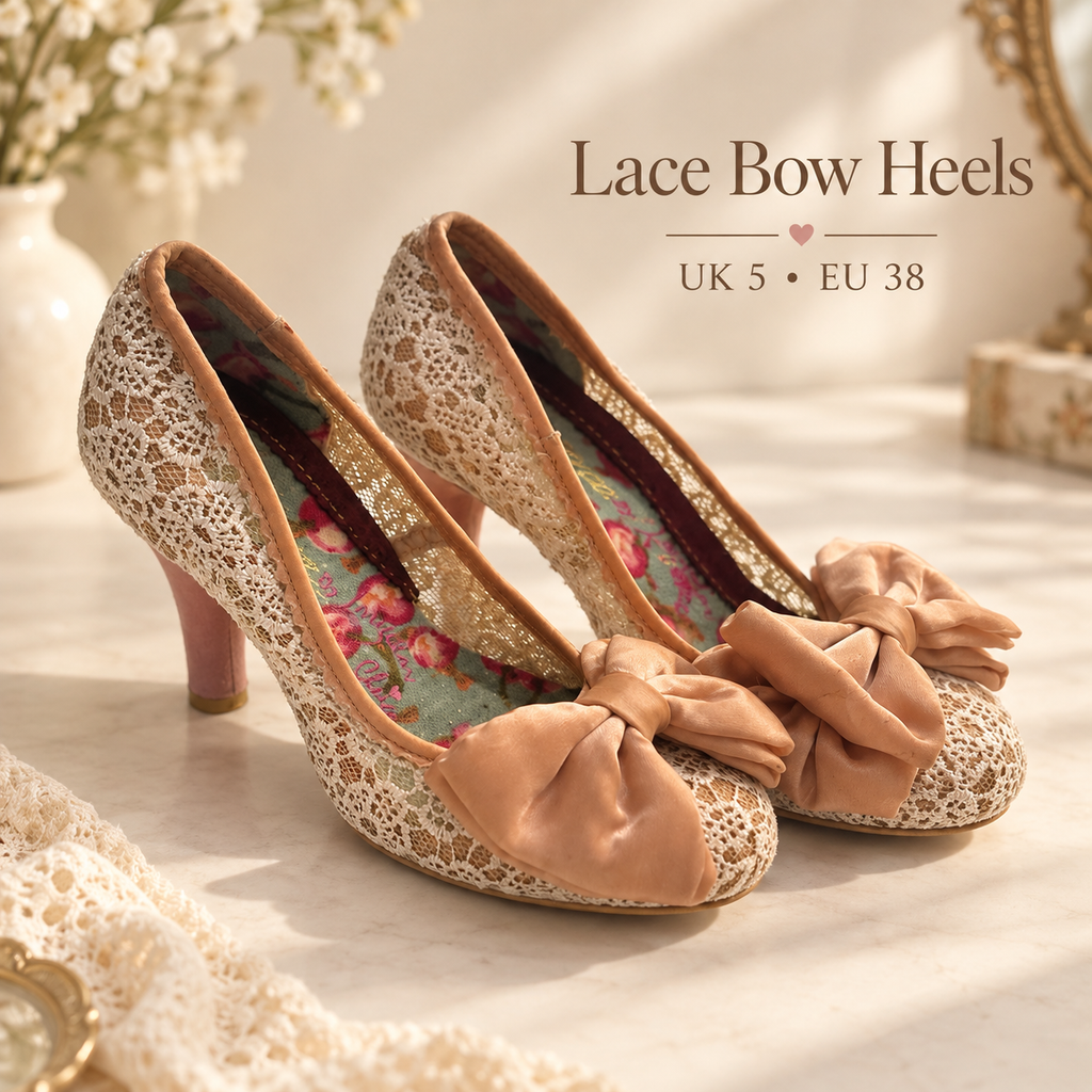 Irregular Choice In the Knick of Time Champagne Lace Bow Heels – UK 5