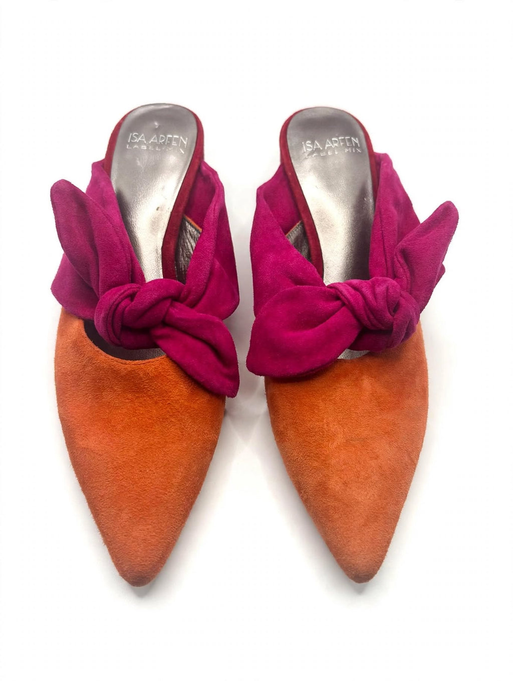 Isa Arfen Suede Colourblock Bow Mules – Orange & Pink – Size 3
