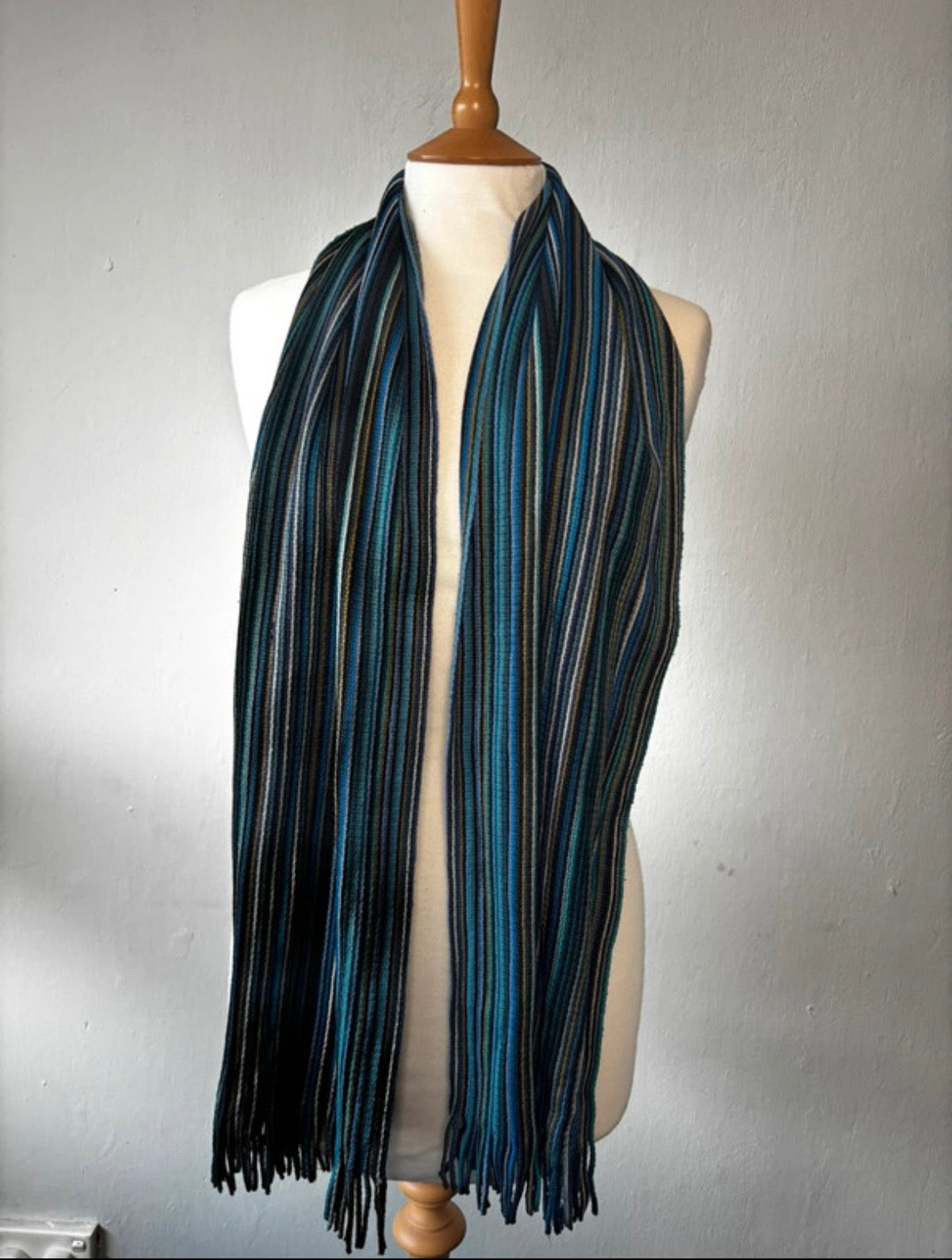 Black, Blue & Teal Striped Scarf with Tassel Ends – Unisex