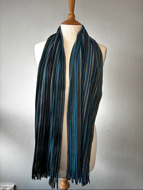 Black, Blue & Teal Striped Scarf with Tassel Ends – Unisex