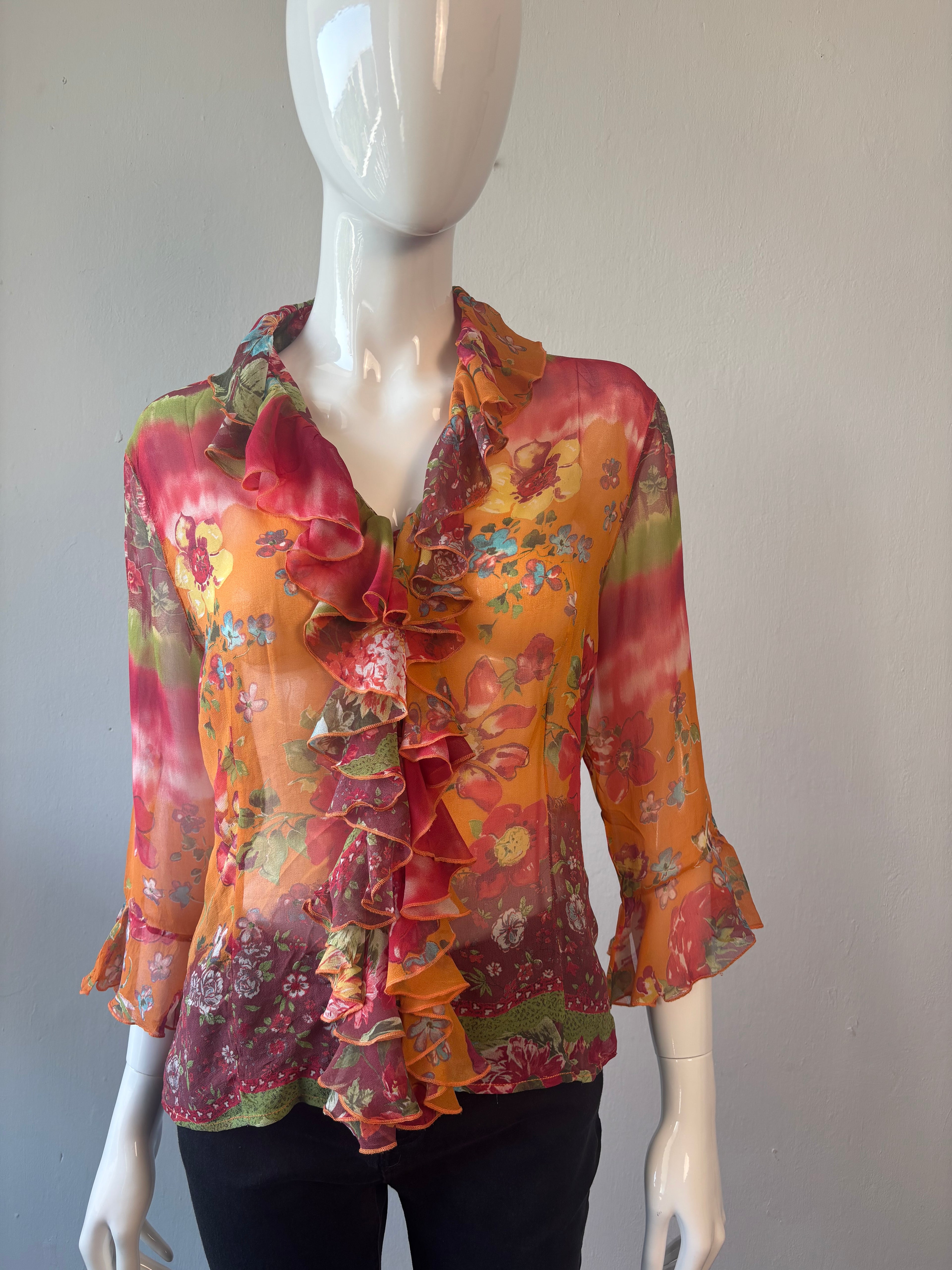 Coldwater Creek 100% Silk Floral Ruffle Blouse – Size M