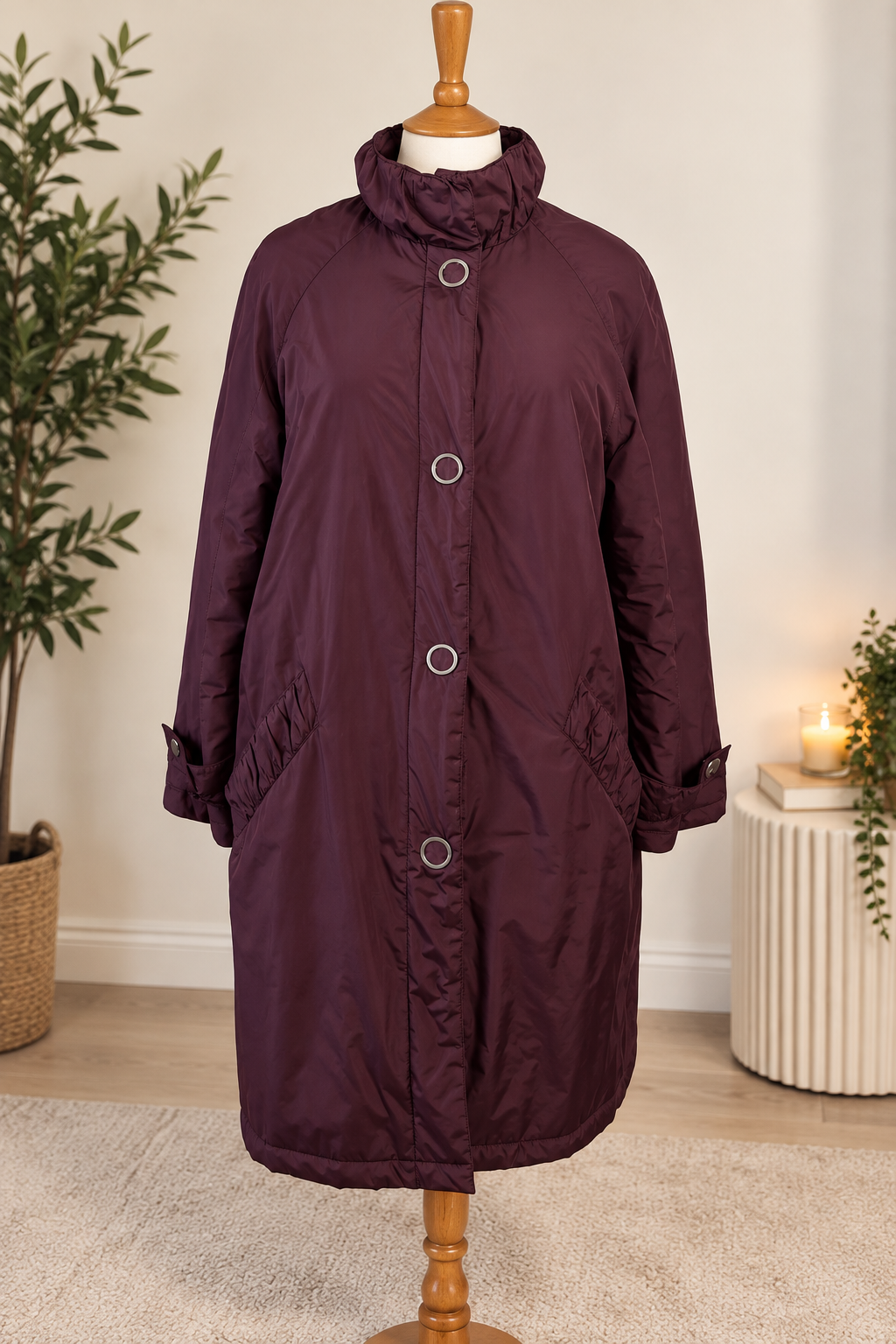 Four Seasons Plum Burgundy Quilted Longline Coat – Size M / UK 12–14