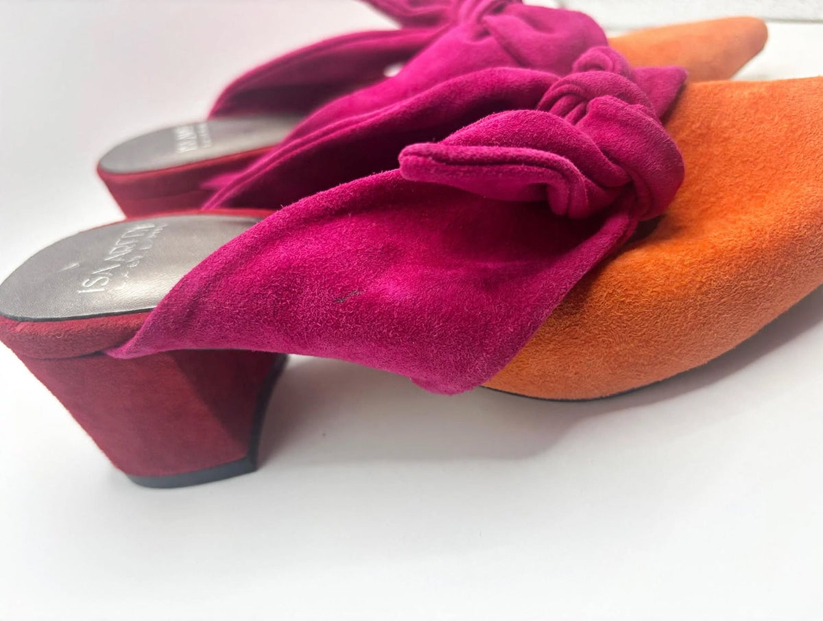 Isa Arfen Suede Colourblock Bow Mules – Orange & Pink – Size 3