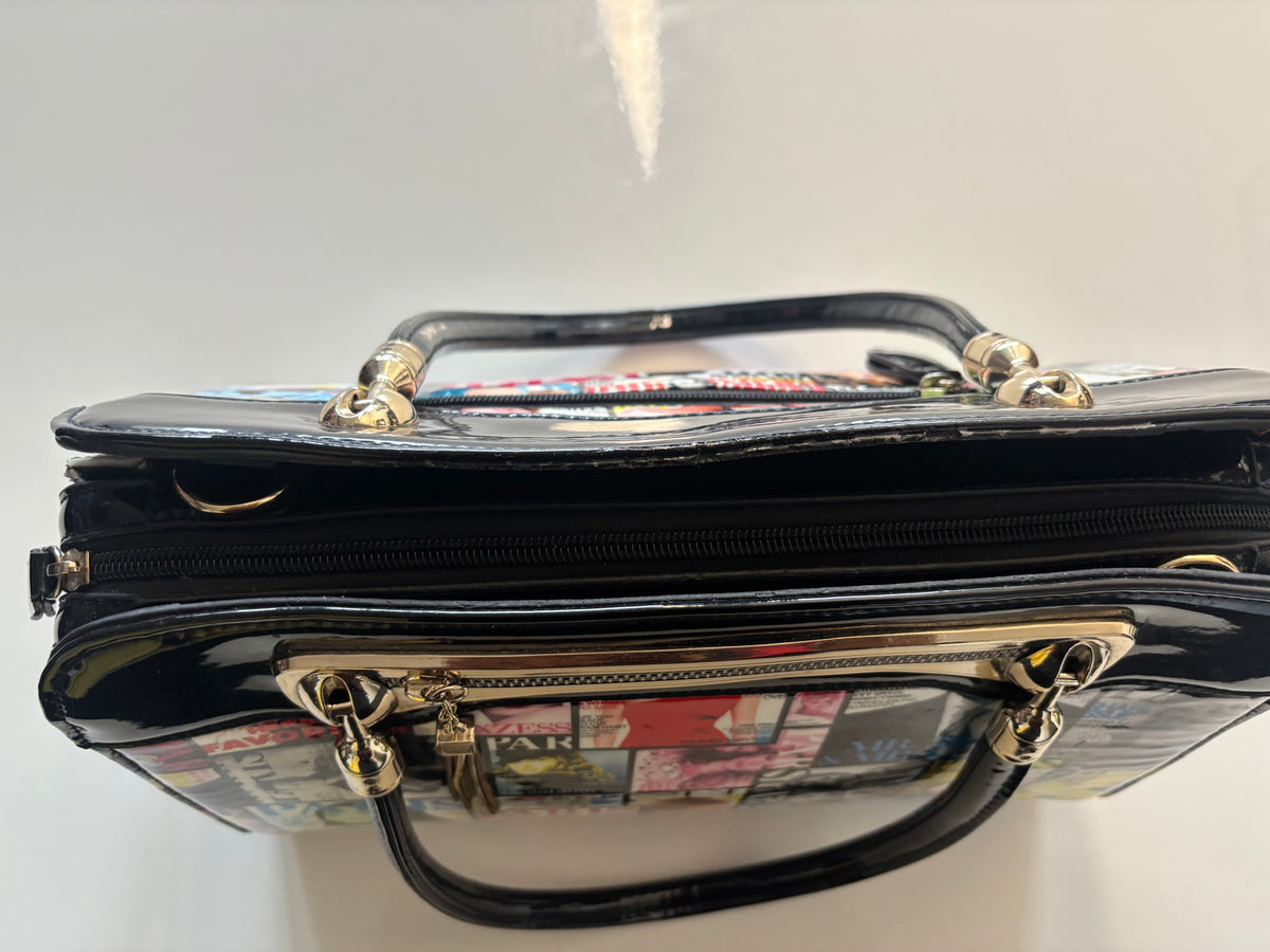 Y2K-Style Paris Magazine Collage Handbag – Black Patent-Look & Gold Tone￼
