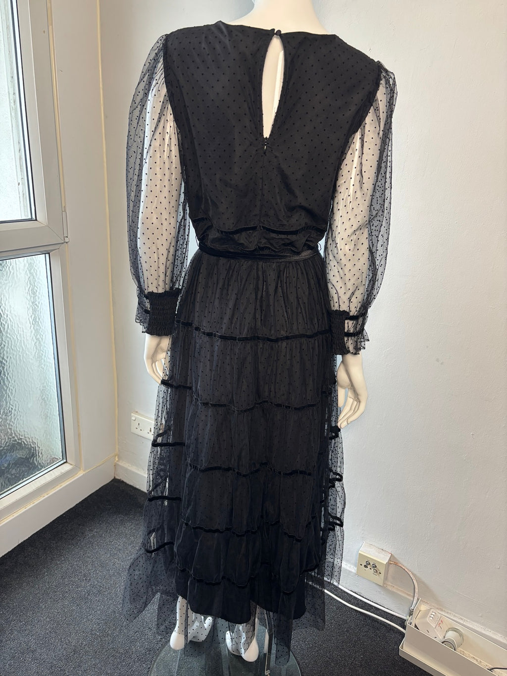 Monsoon Flocked Tulle Tiered Maxi Dress – Black | UK 14