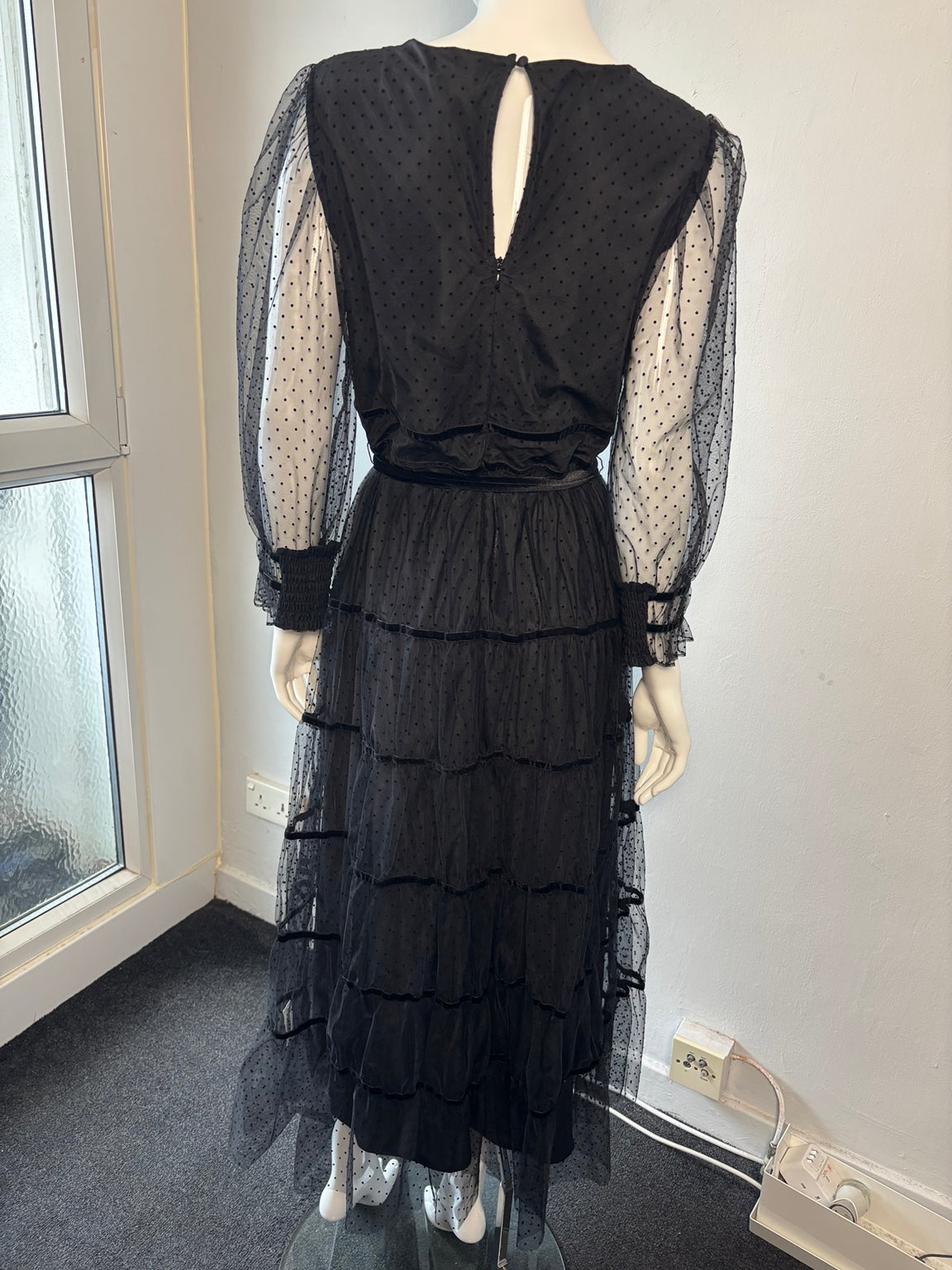 Monsoon Flocked Tulle Tiered Maxi Dress – Black | UK 14