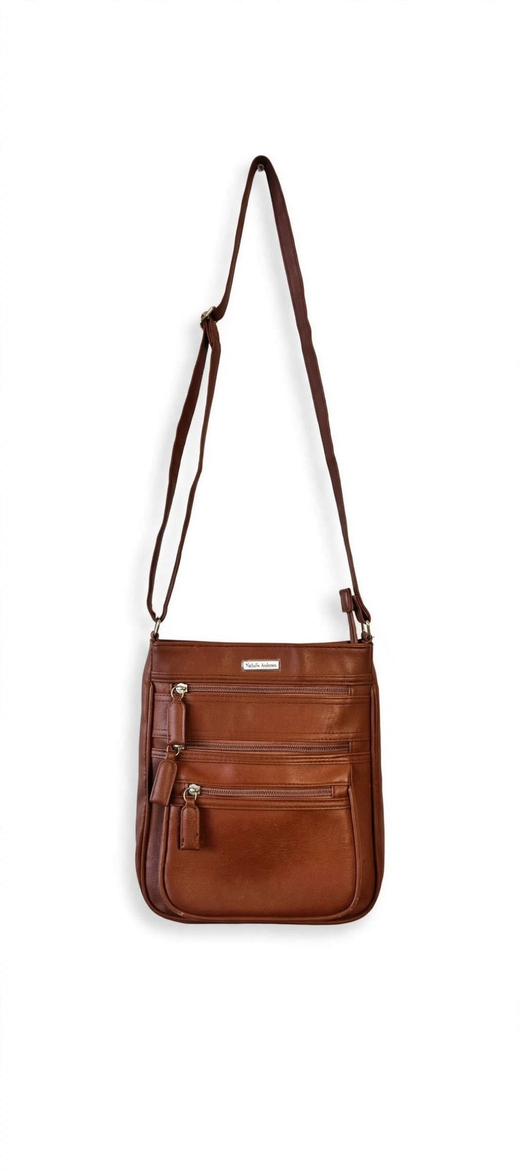 Nathalie Andersen Tan Crossbody Bag | Triple Zip Utility Travel Faux Leather