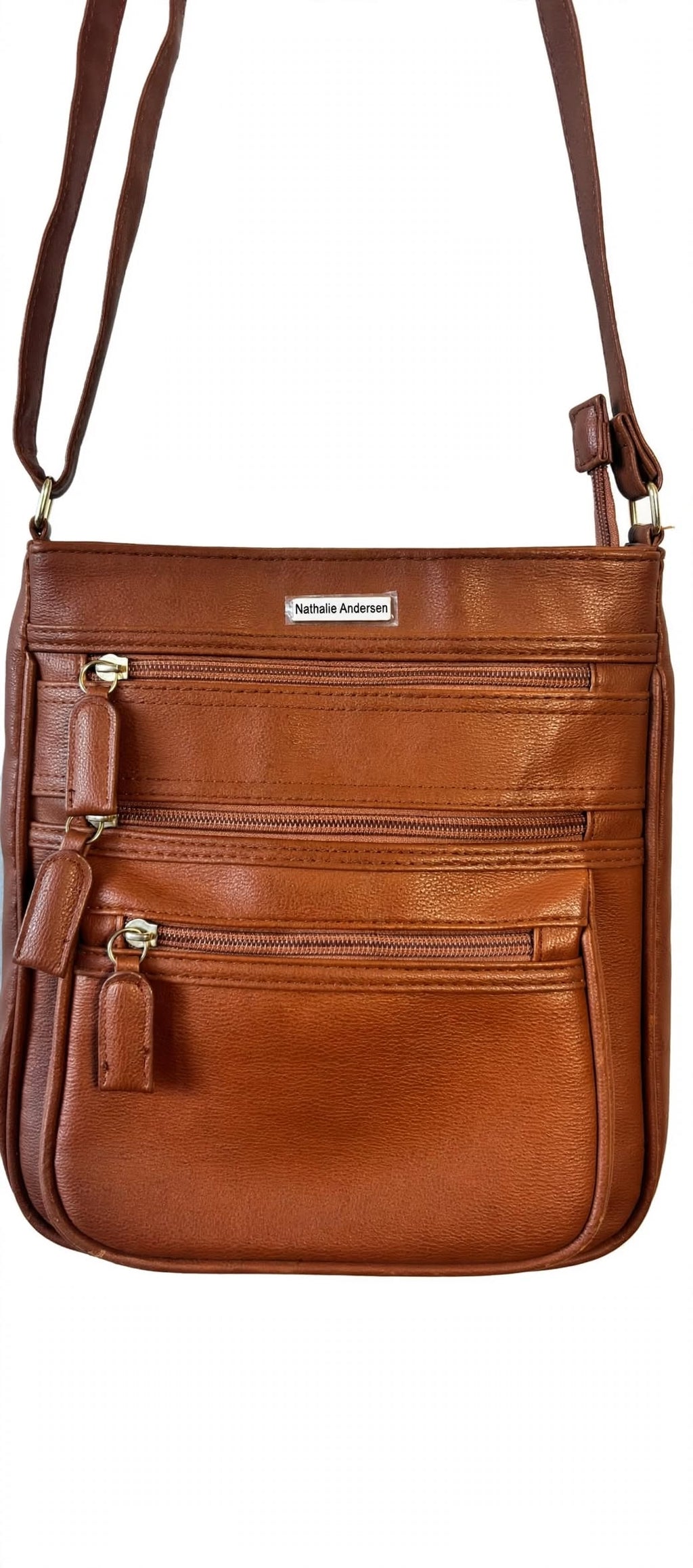 Nathalie Andersen Tan Crossbody Bag | Triple Zip Utility Travel Faux Leather