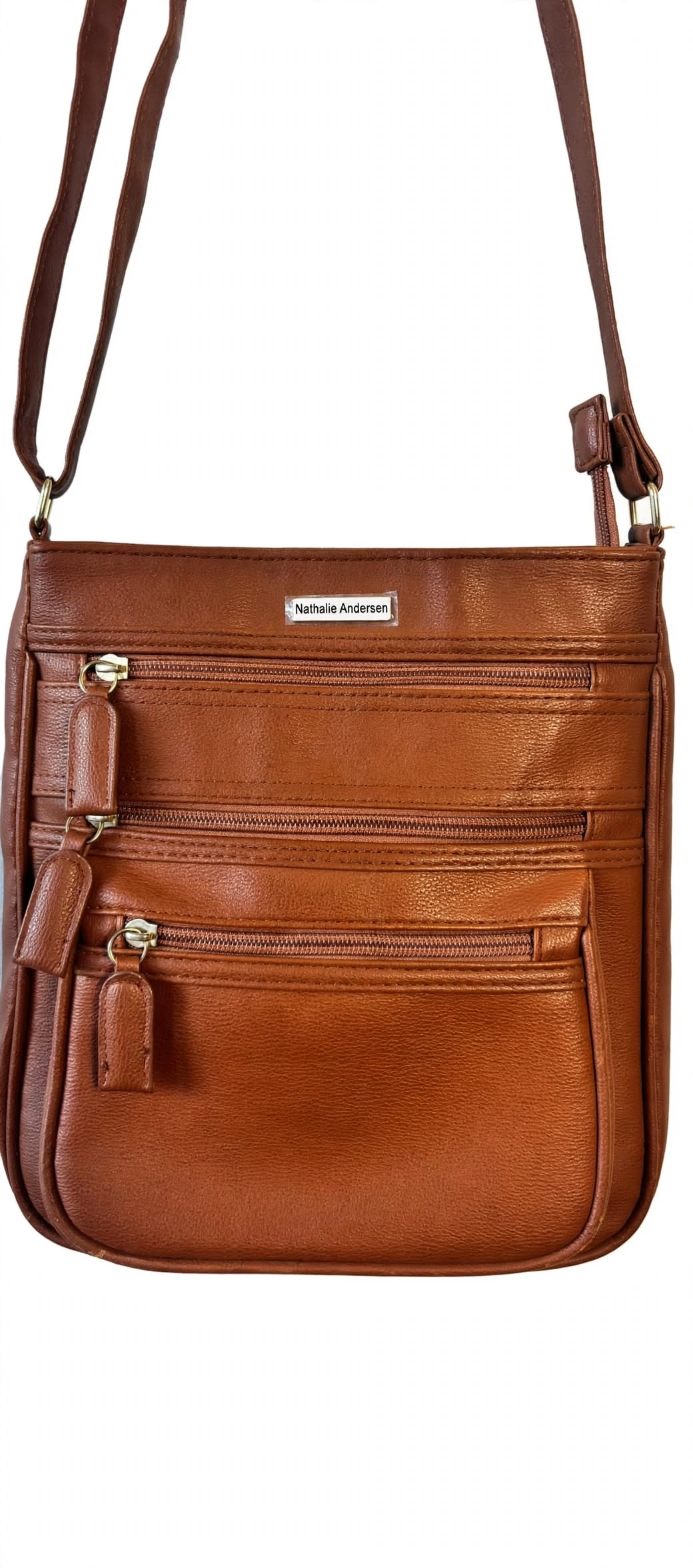 Nathalie Andersen Tan Crossbody Bag | Triple Zip Utility Travel Faux Leather