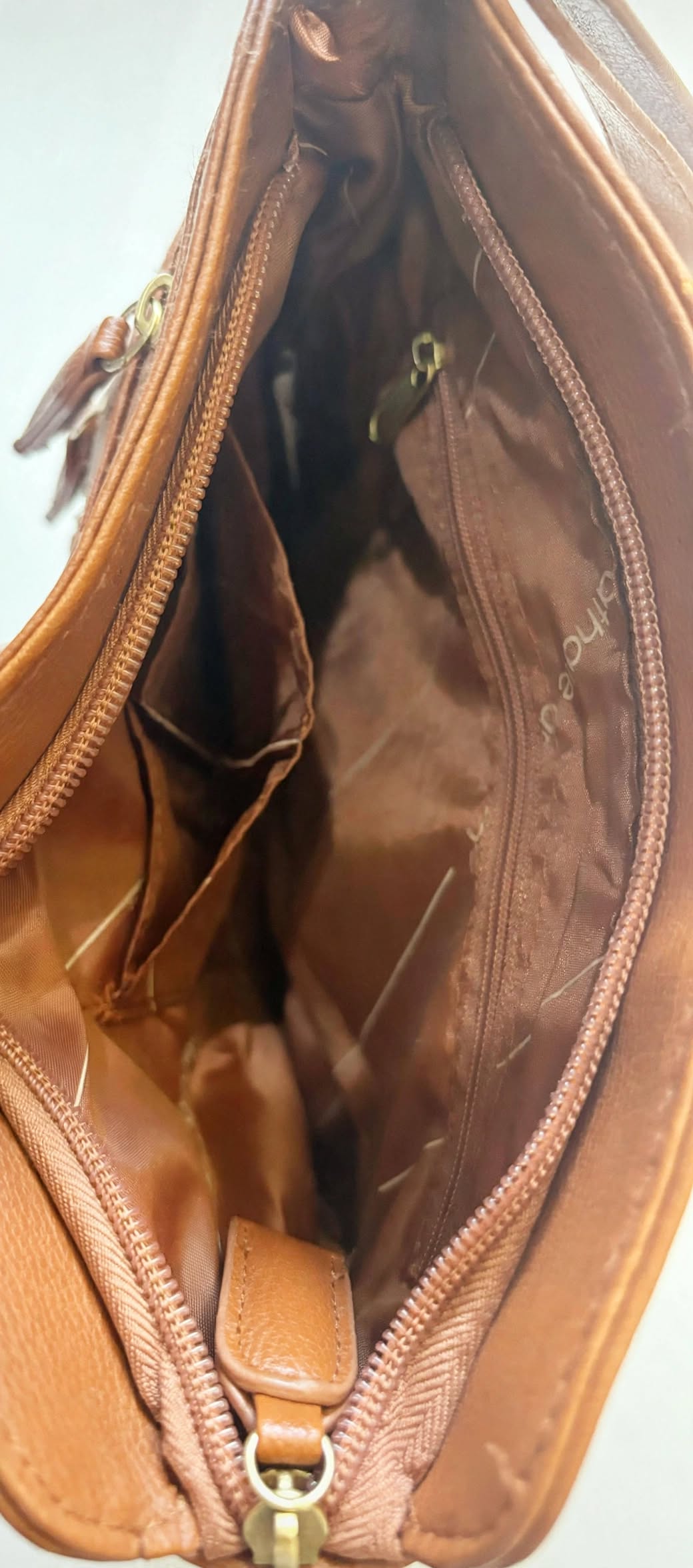 Nathalie Andersen Tan Crossbody Bag | Triple Zip Utility Travel Faux Leather