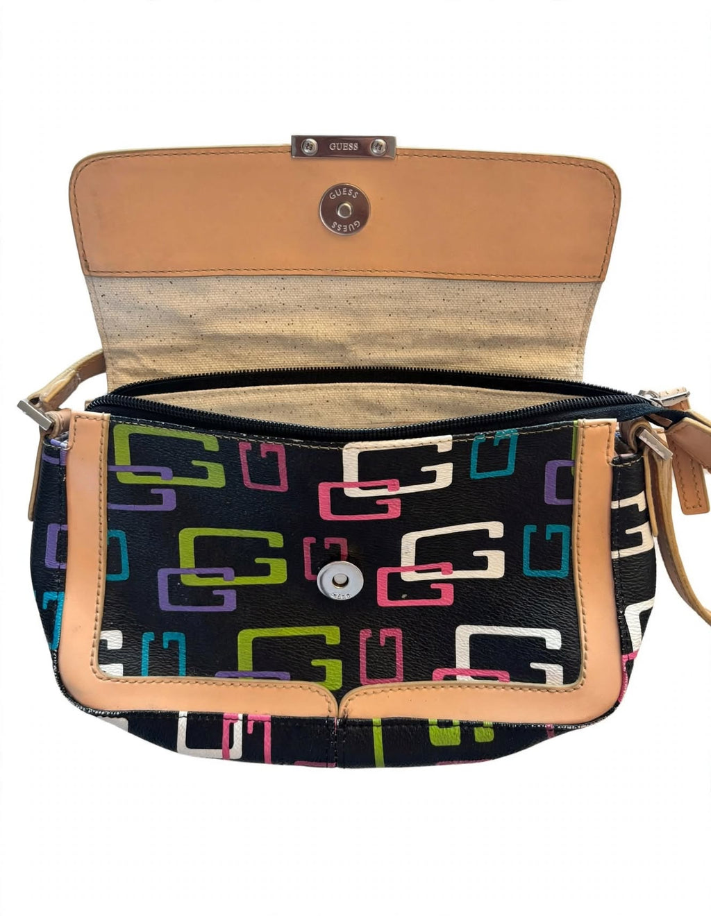 Vintage Guess Y2K Baguette Shoulder Bag – Multicolour Logo Print