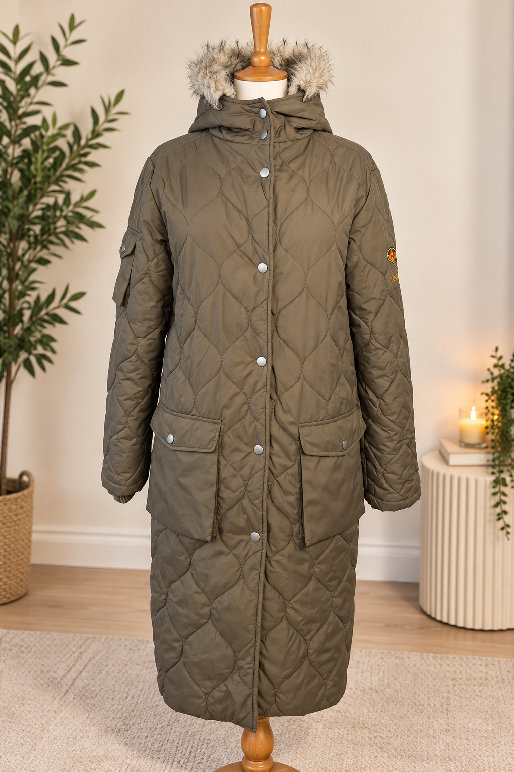 Fluid Khaki Quilted Longline Winter Coat with Faux Fur Hood – Size M