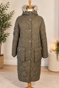 Fluid Khaki Quilted Longline Winter Coat with Faux Fur Hood – Size M