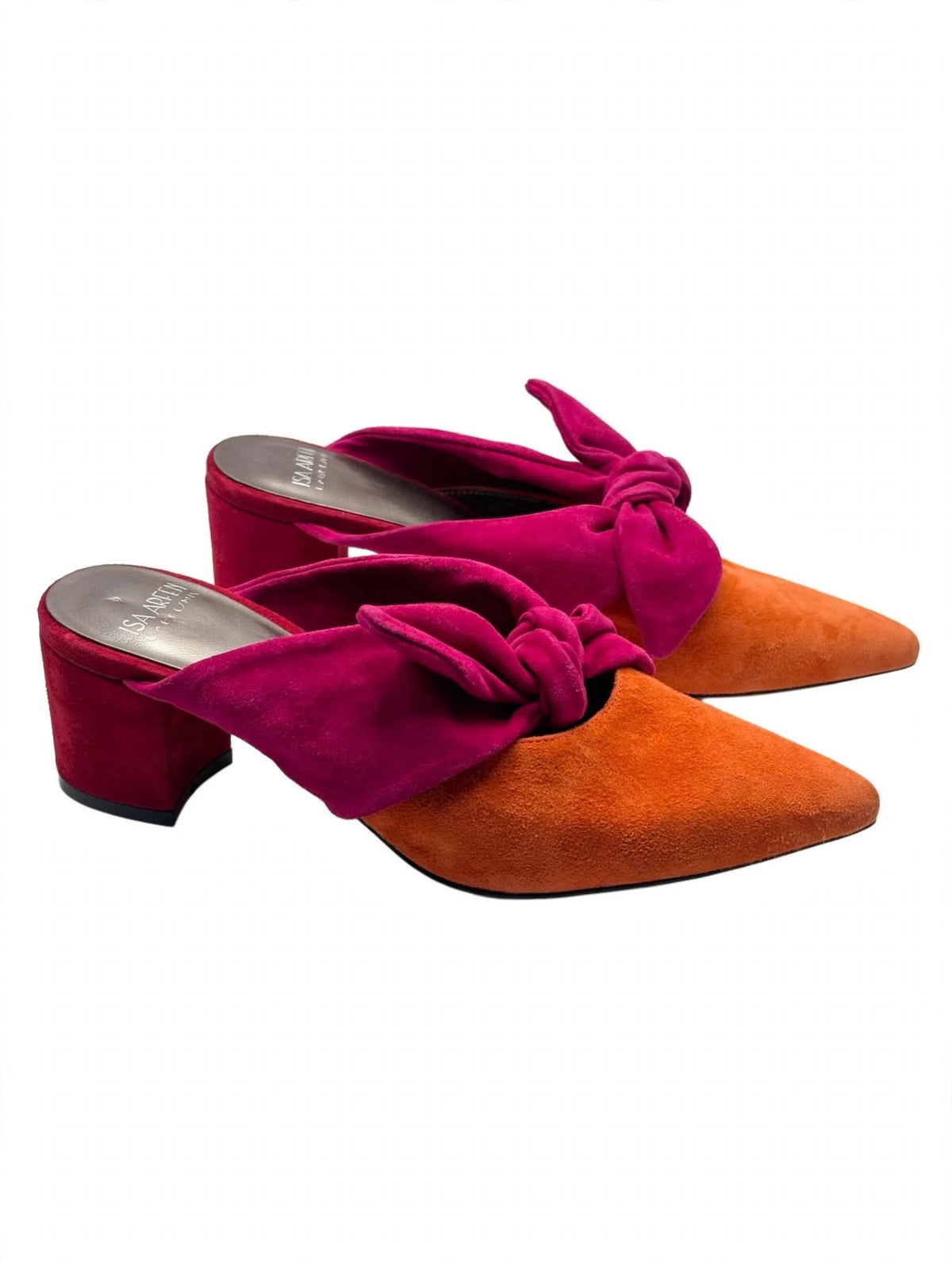 Isa Arfen Suede Colourblock Bow Mules – Orange & Pink – Size 3