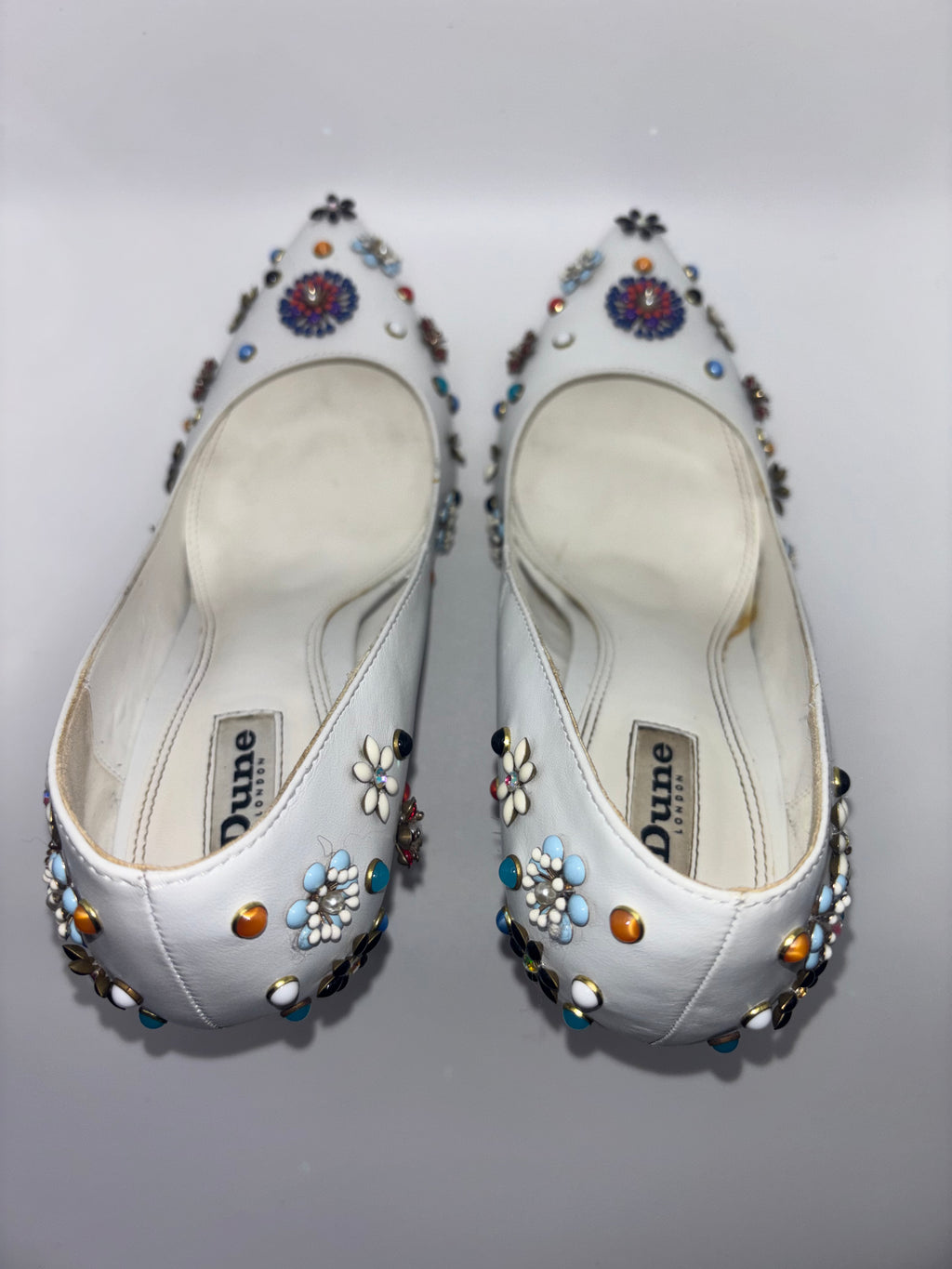 Dune London White Embellished Pointed-Toe Stiletto Heels – Size 40￼