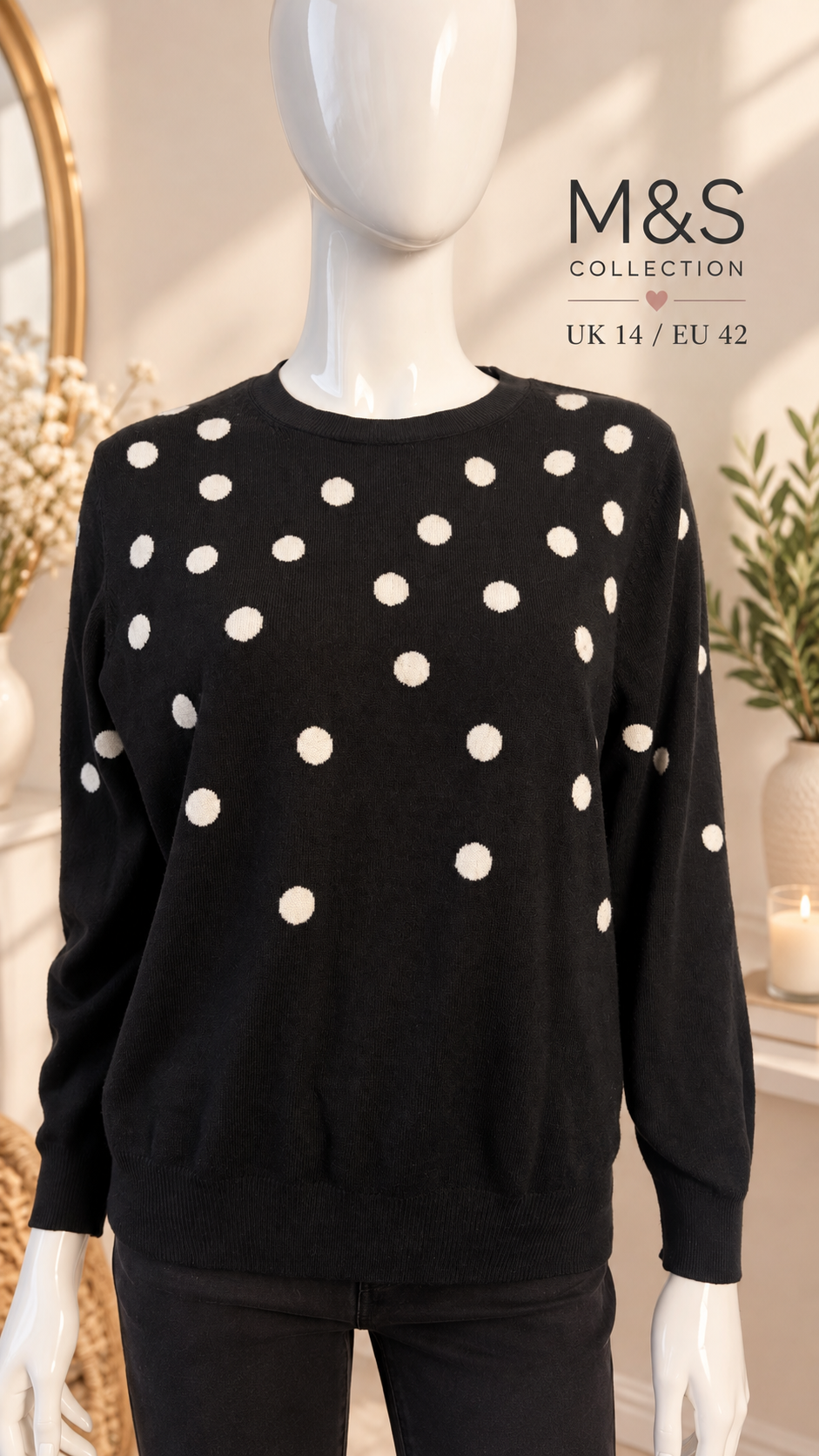 M&S Collection Black & Cream Polka Dot Crew Neck Jumper – UK 14
