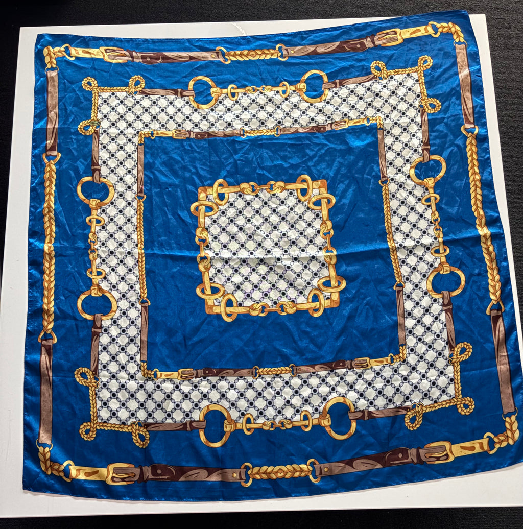 Vintage Blue Equestrian Chain Print Satin Feel Square Scarf – 36”