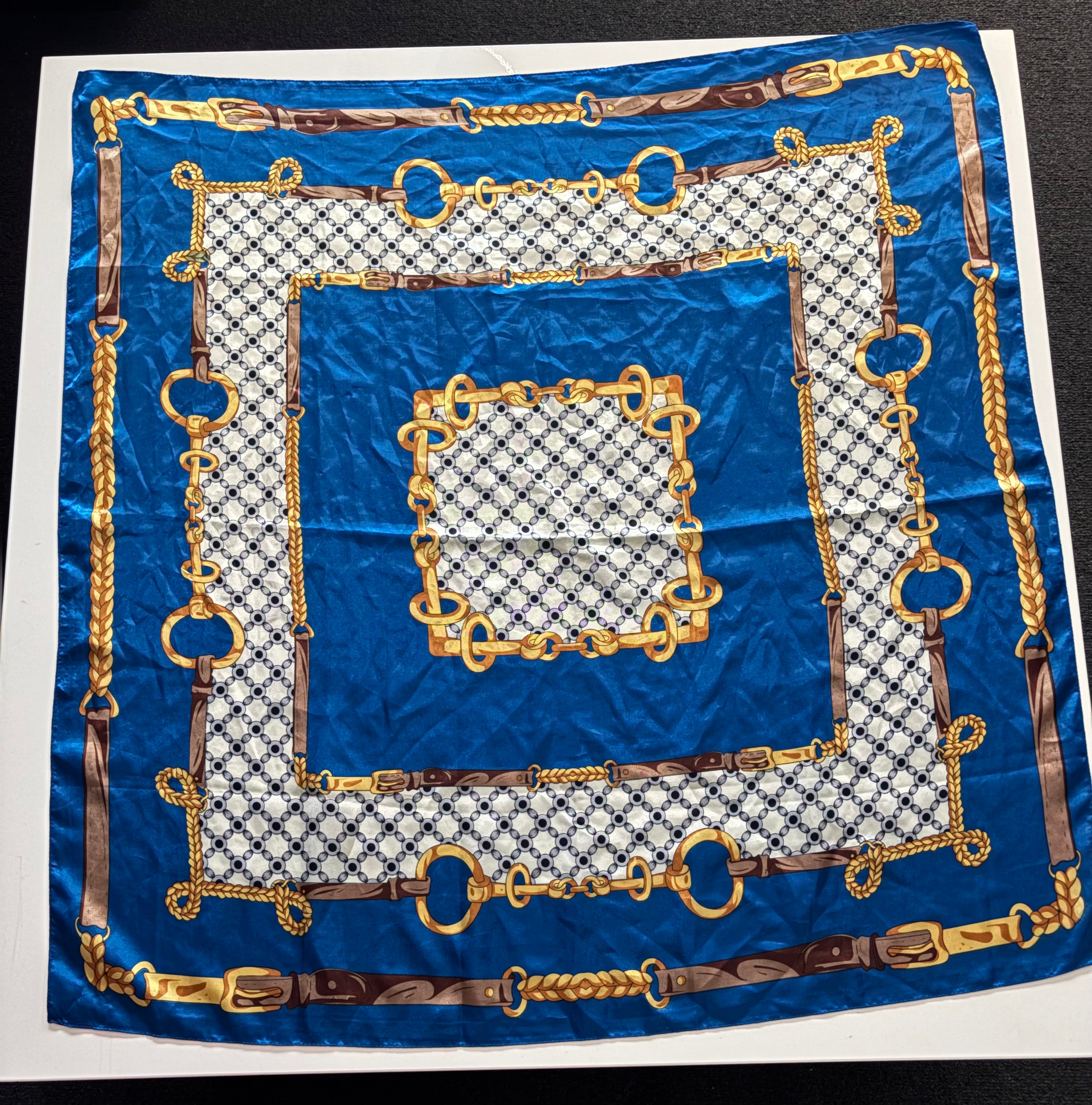 Vintage Blue Equestrian Chain Print Satin Feel Square Scarf – 36”