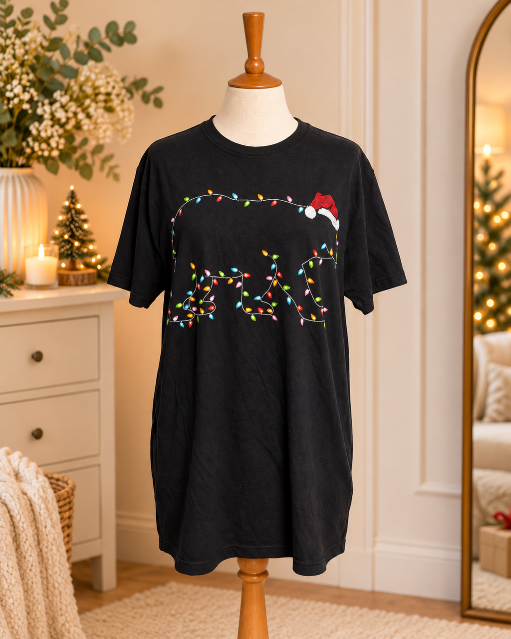 Black Polar Bear Christmas Lights Cotton T-Shirt – Size L
