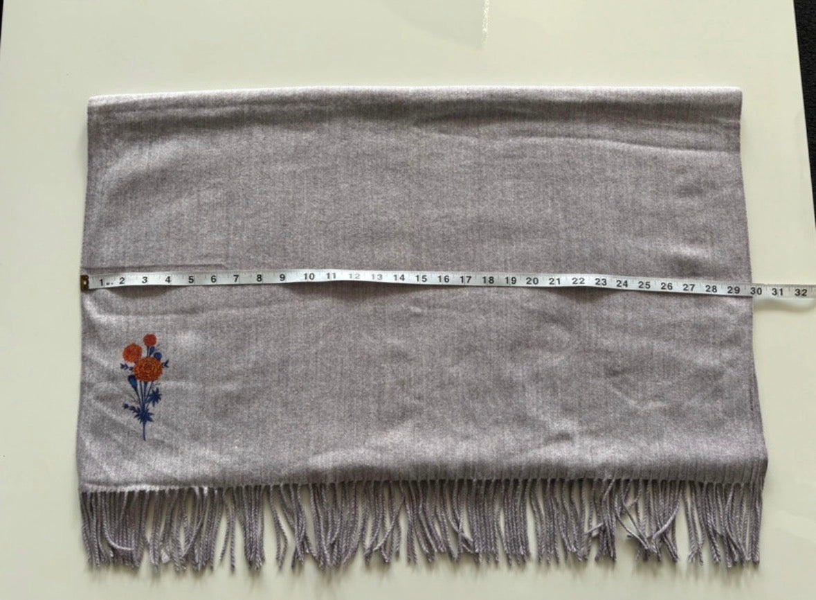 Lilac Floral Embroidered Scarf with Fringed Ends