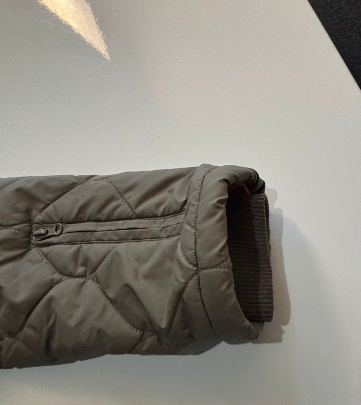 Fluid Khaki Quilted Longline Winter Coat with Faux Fur Hood – Size M