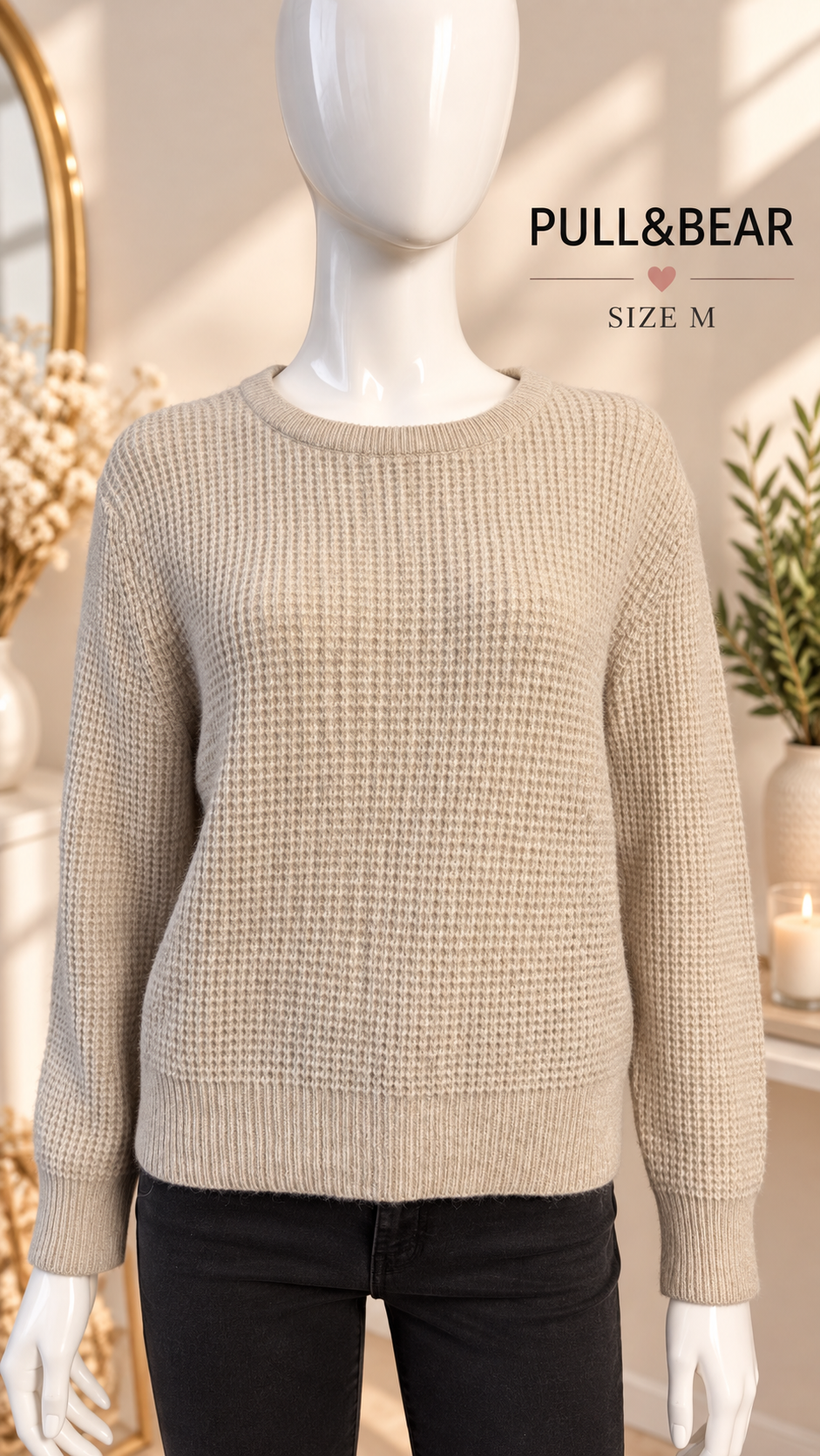 Pull&Bear Beige Waffle Knit Crew Neck Jumper – Size M￼
