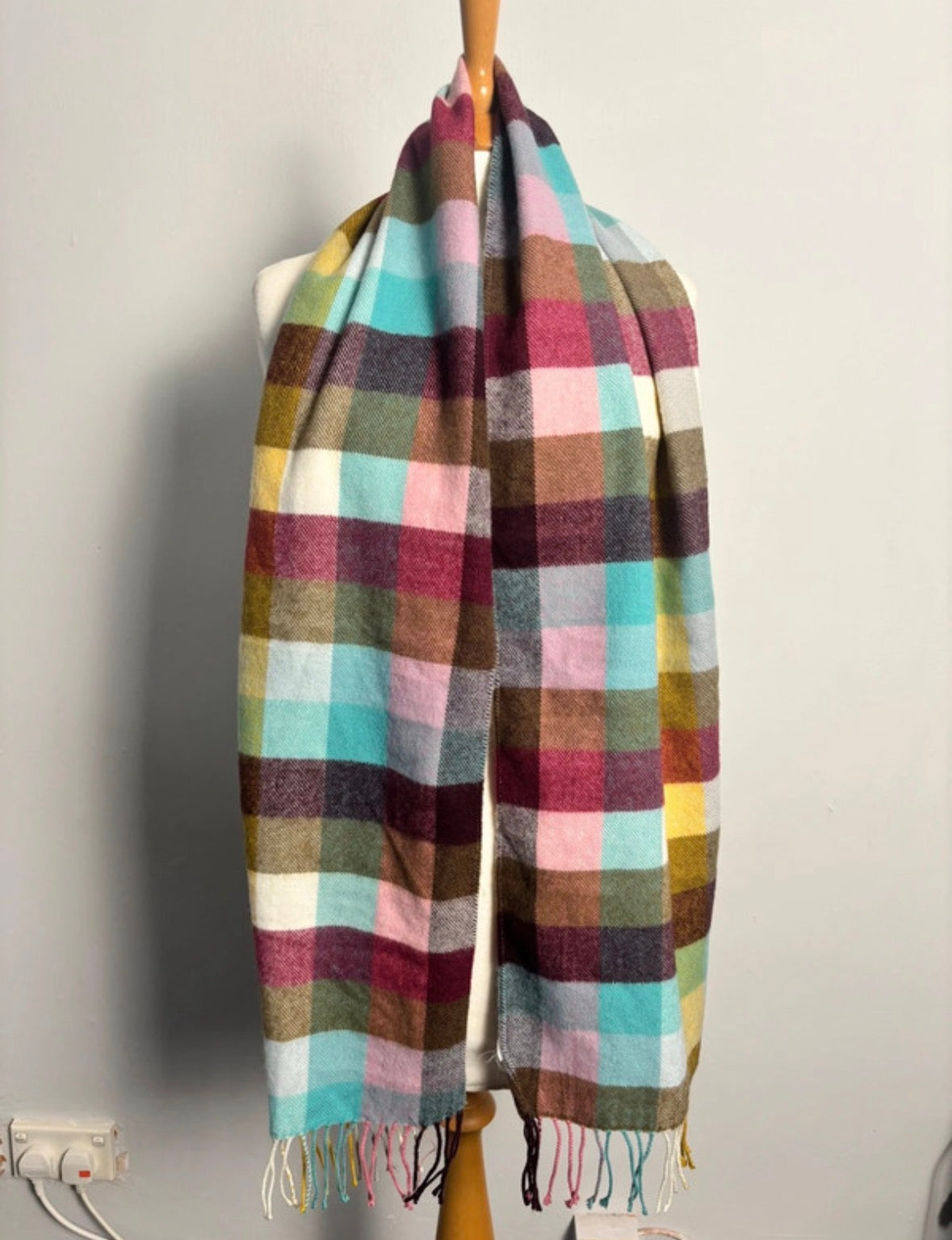 Joules Multicoloured Check Scarf – Pink, Teal & Mustard