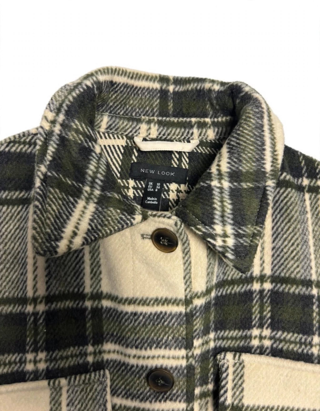 New Look Cream & Dark Green Checked Shacket – UK 10￼