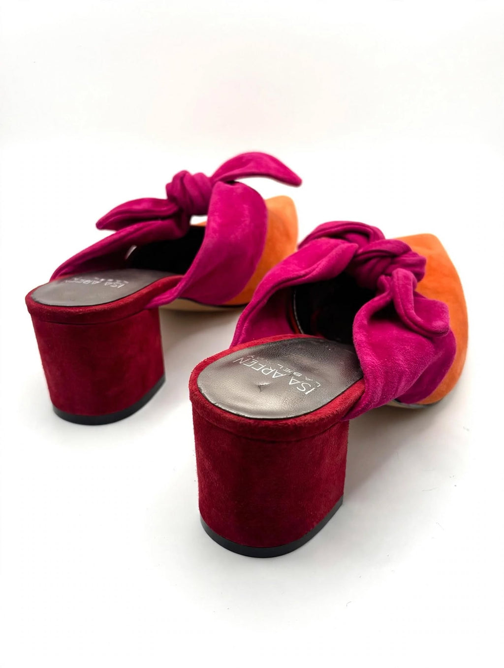 Isa Arfen Suede Colourblock Bow Mules – Orange & Pink – Size 3