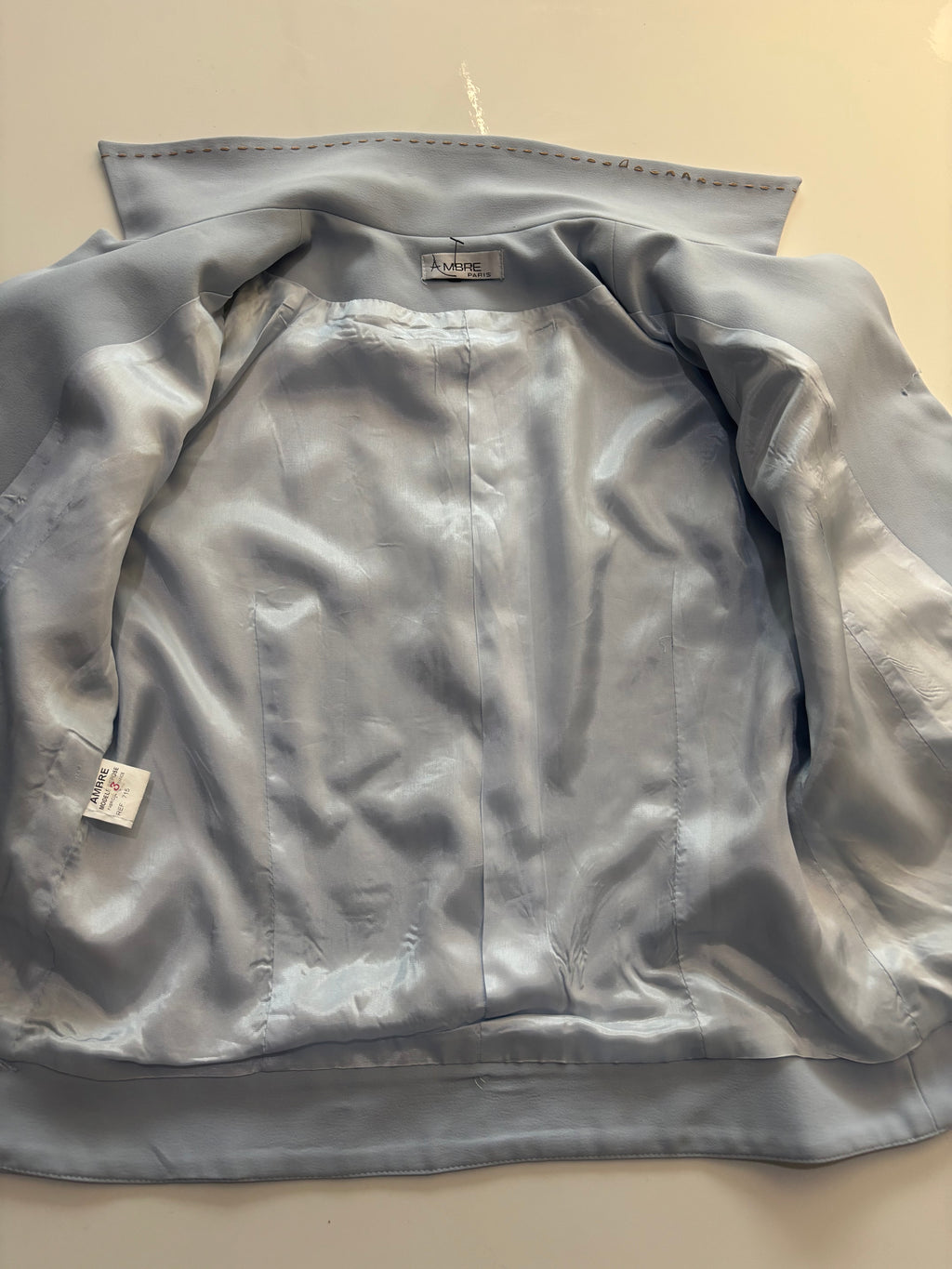 Ambre Paris Powder Blue Tailored Jacket – Vintage-Inspired Gold Stitch Detail