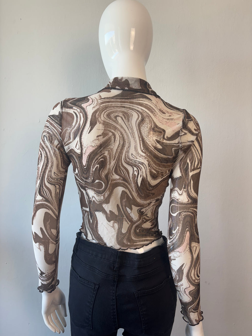 Y2K Brown Marble Print Mesh Long Sleeve Top | Size M
