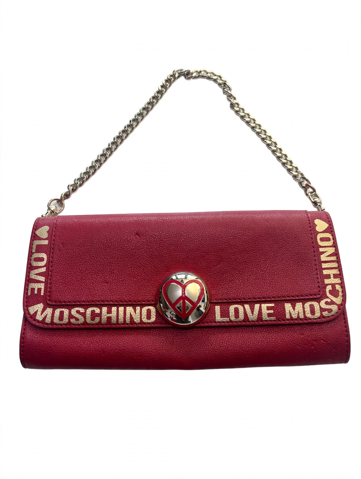 Love Moschino Burgundy Chain Strap Clutch Bag – Gold Heart Logo