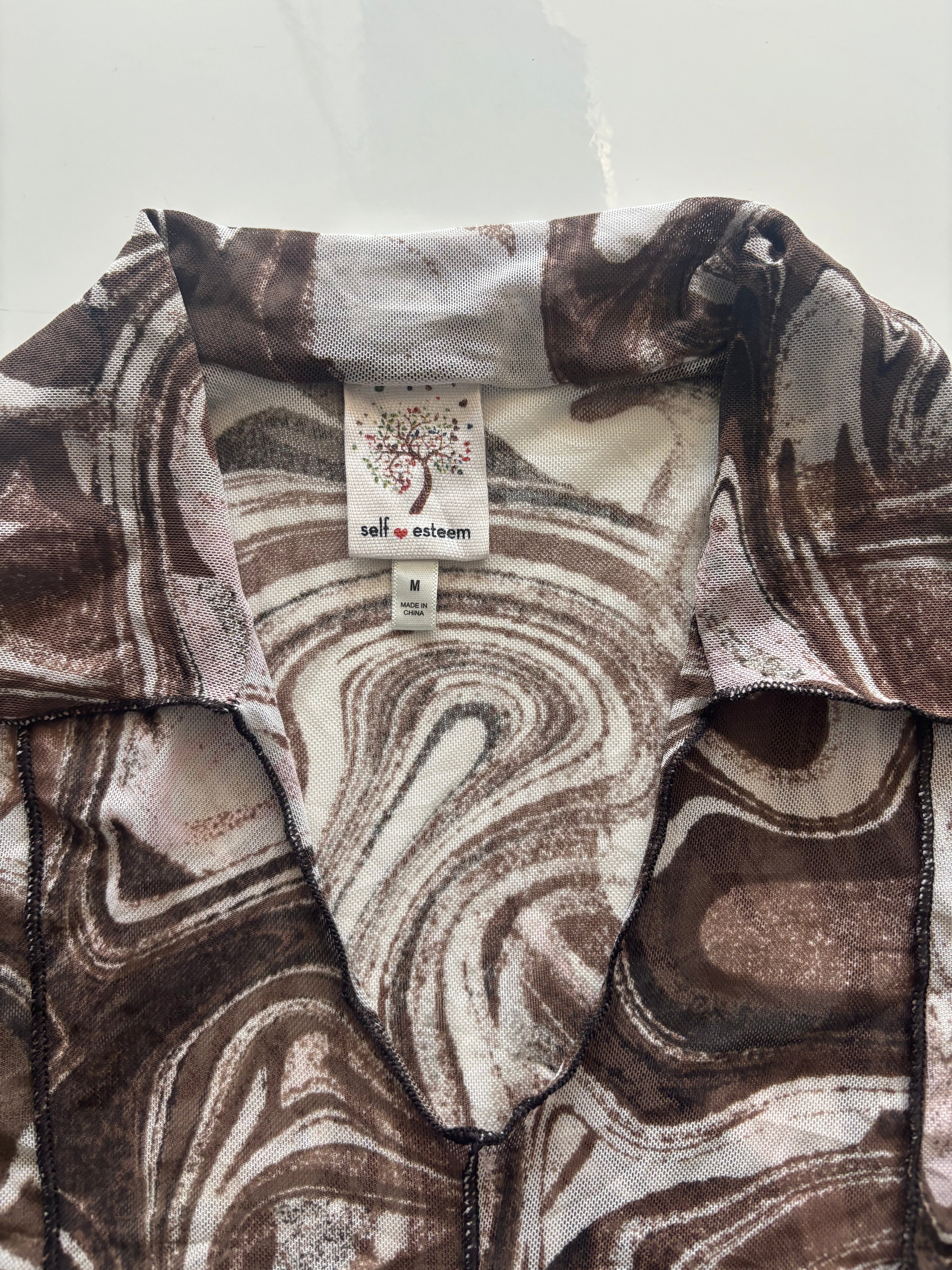 Y2K Brown Marble Print Mesh Long Sleeve Top | Size M