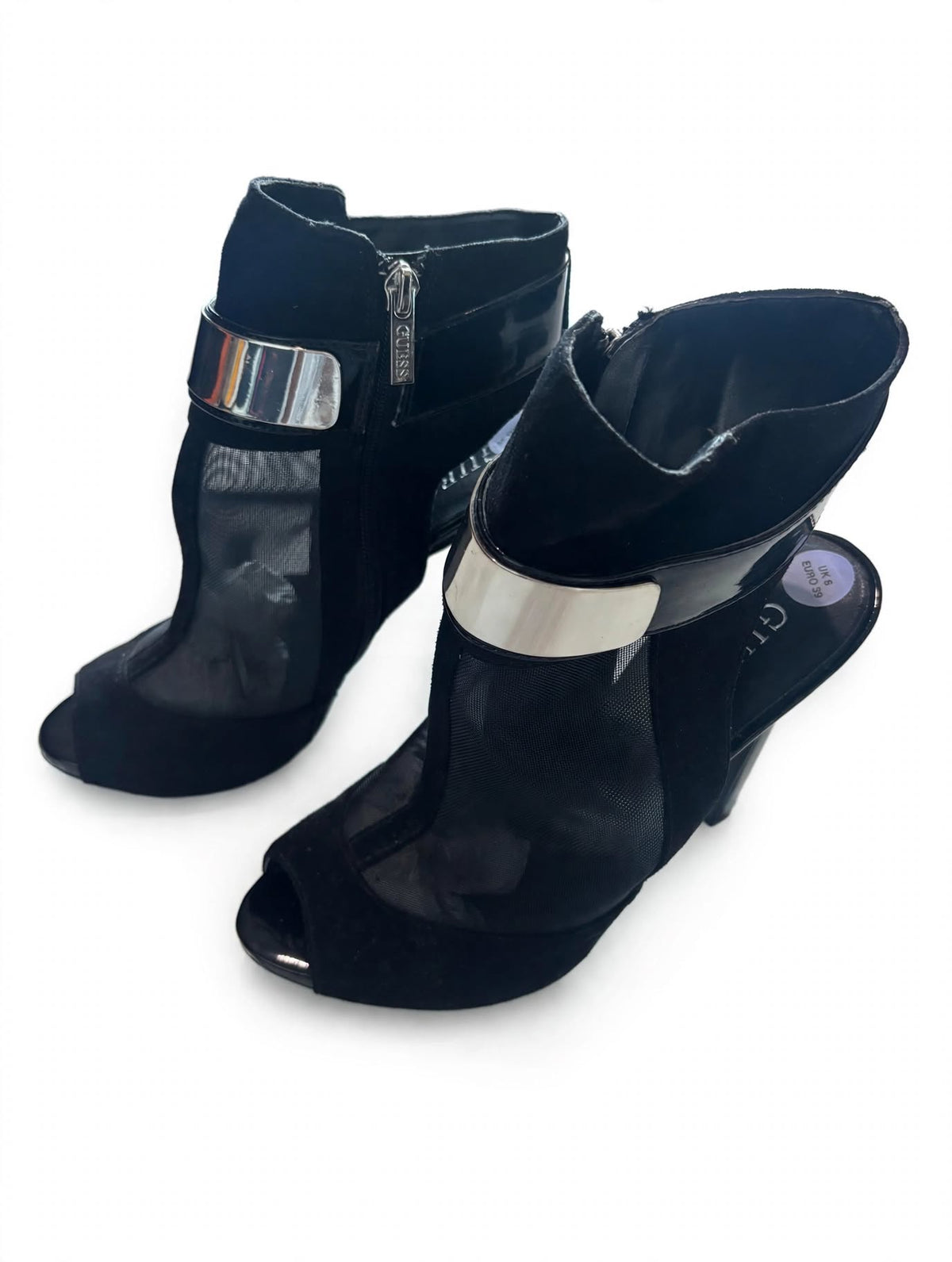GUESS Black Mesh & Suede-Effect Peep Toe Heels – Silver Detail | UK 6