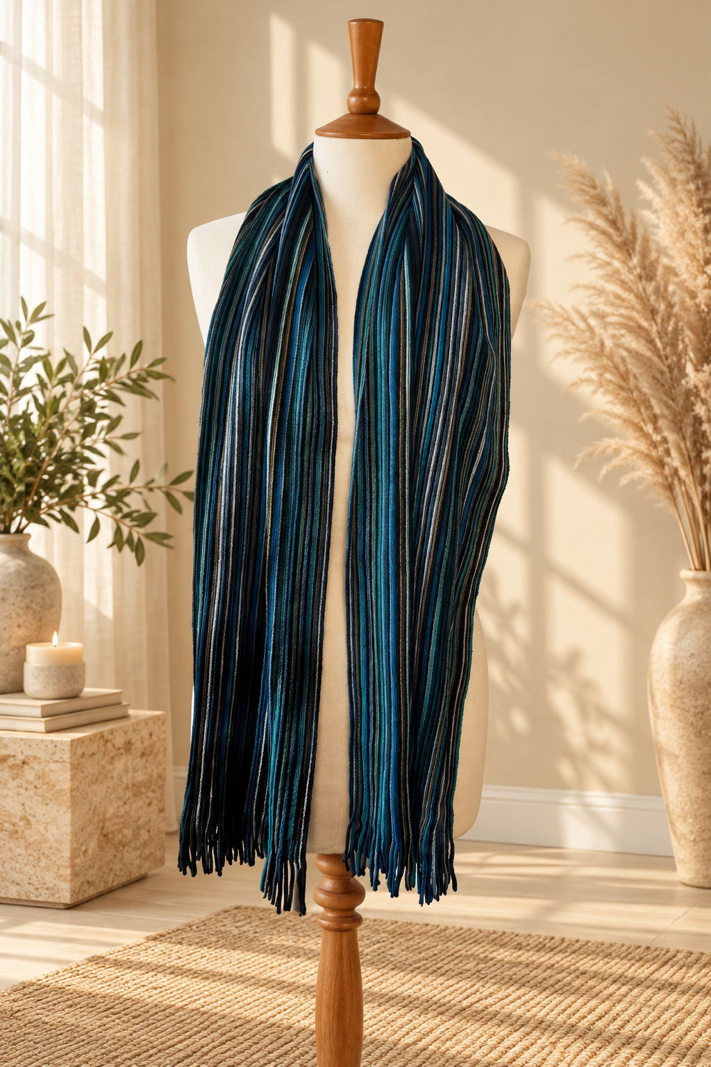 Black, Blue & Teal Striped Scarf with Tassel Ends – Unisex
