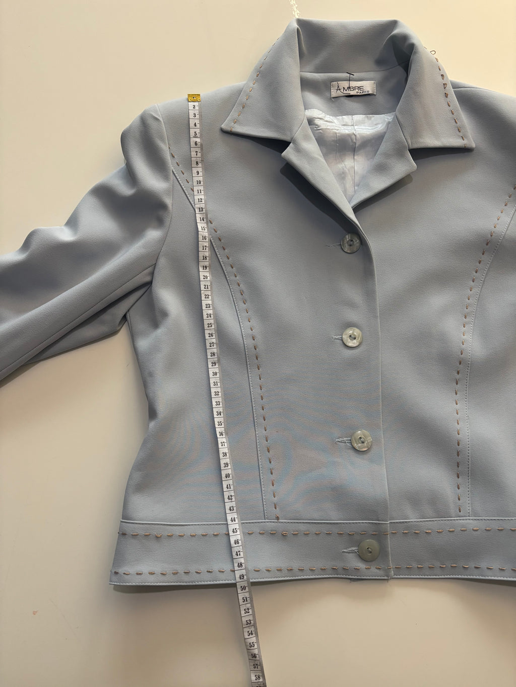 Ambre Paris Powder Blue Tailored Jacket – Vintage-Inspired Gold Stitch Detail