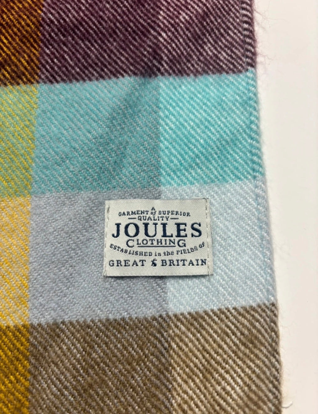 Joules Multicoloured Check Scarf – Pink, Teal & Mustard
