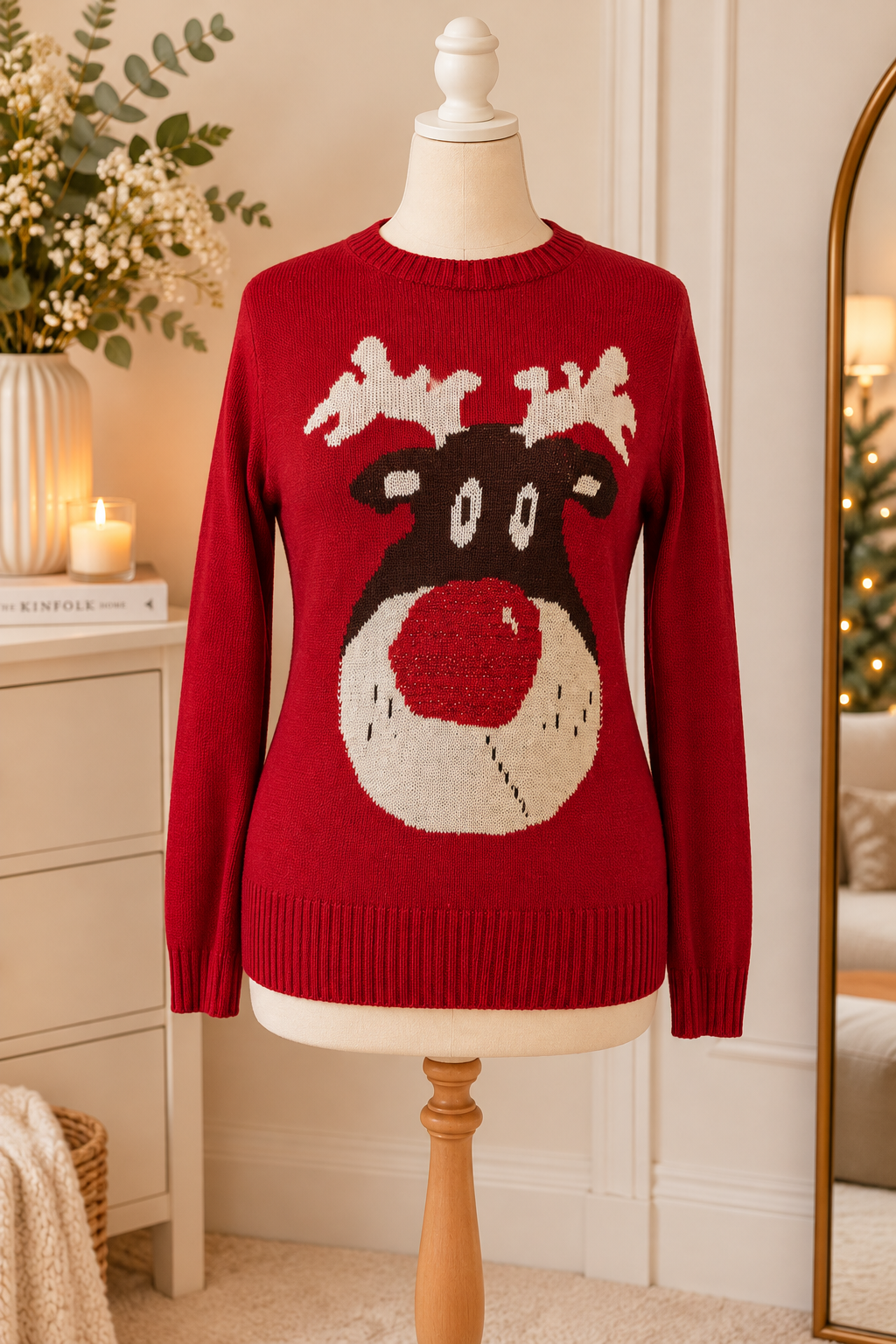 Influence Red Reindeer Christmas Knitted Jumper – Made in UK