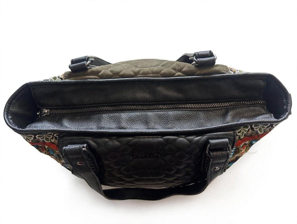 Desigual Holbox Embroidered Quilted Shoulder Bag – Black & Khaki￼