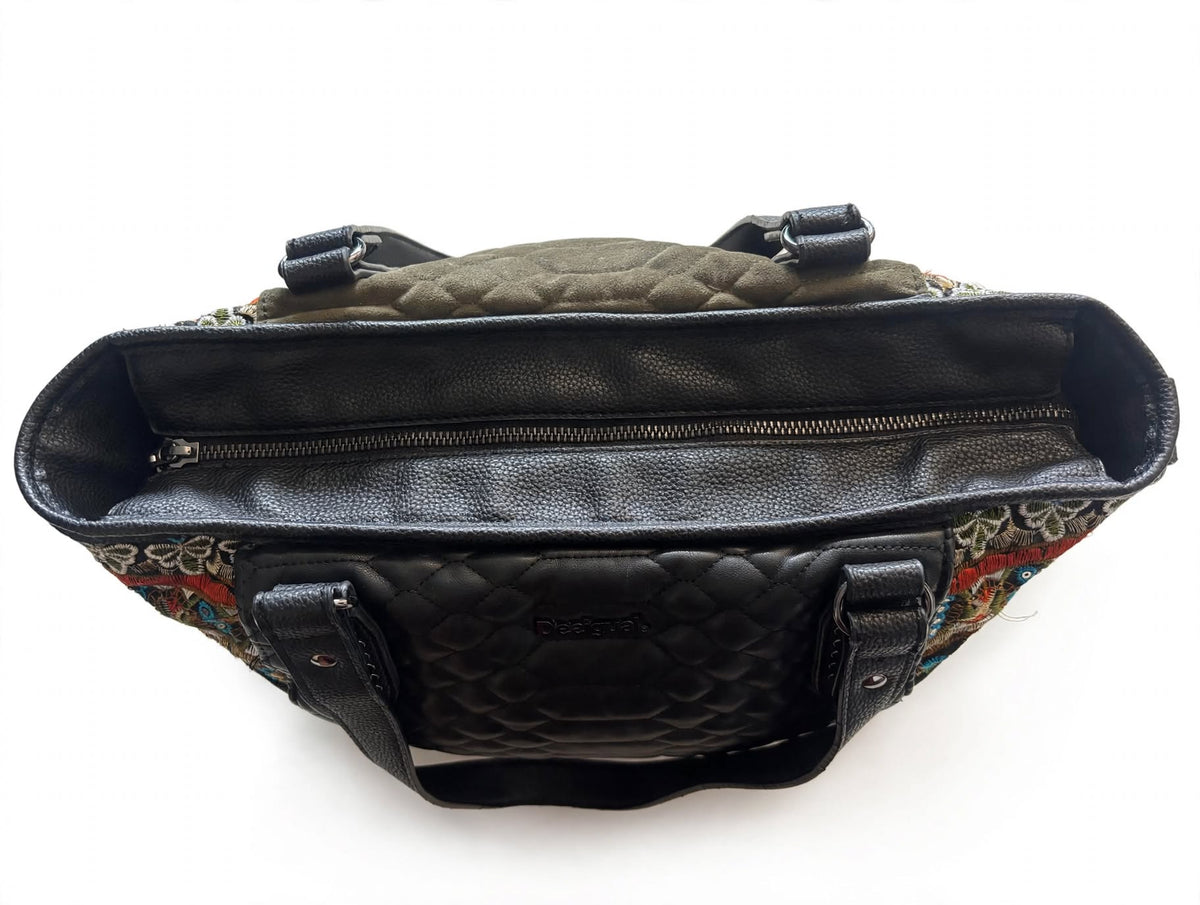 Desigual Holbox Embroidered Quilted Shoulder Bag – Black & Khaki￼